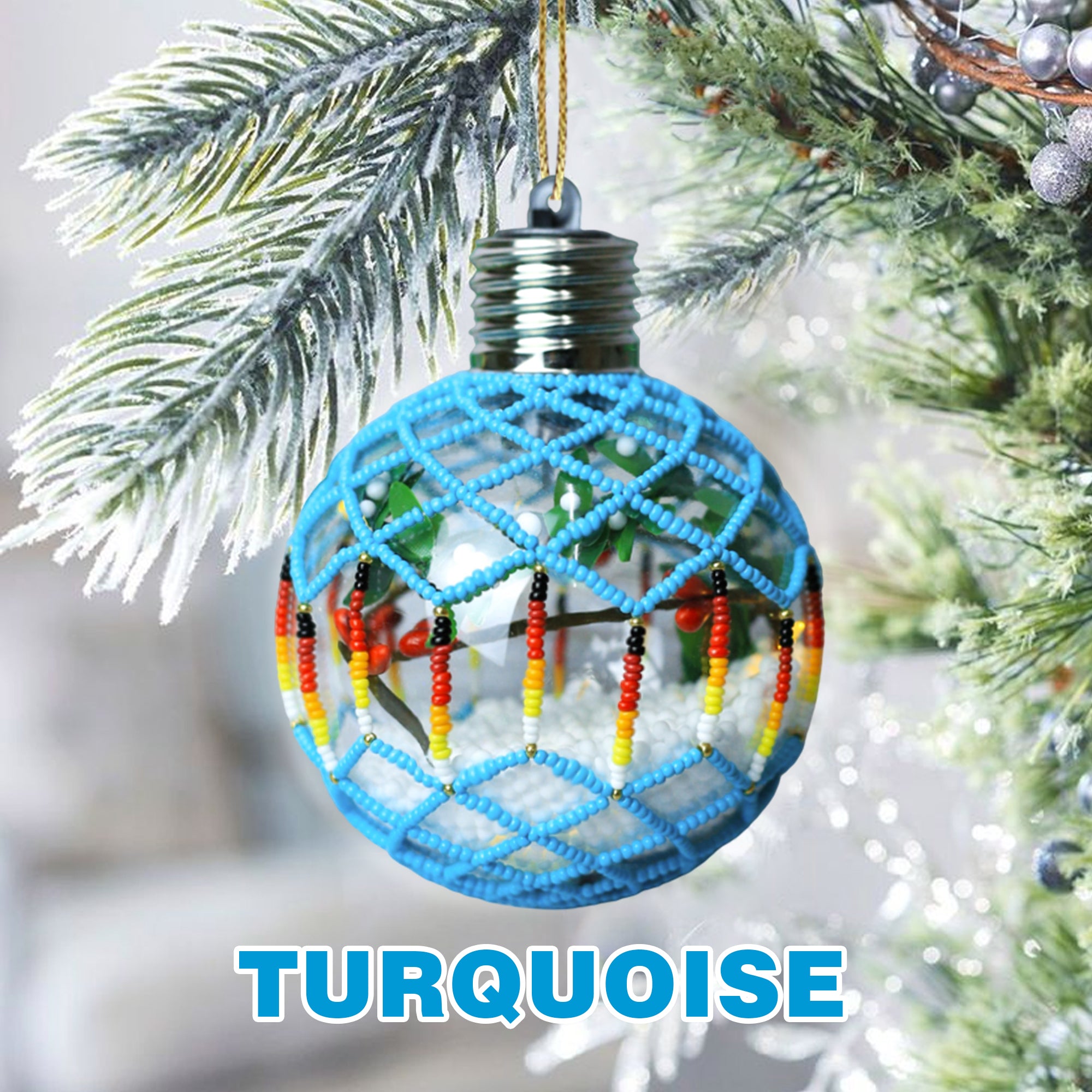 SALE 50% OFF - Turquoise Sparkly Handmade Beaded Ornament with Luminous Lights Premium