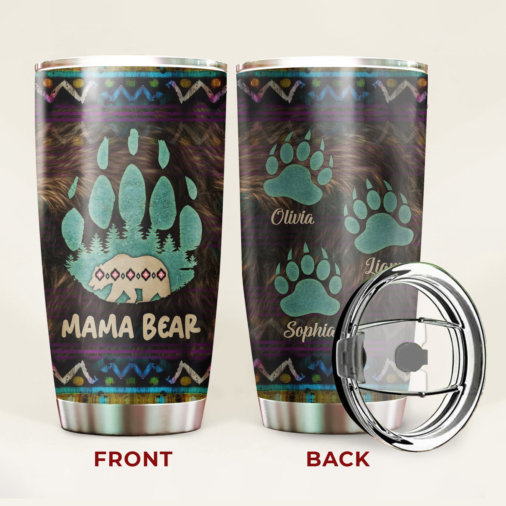Native American Mama Bear Tumbler Stainless Steel Drinking Cup (Custom Name Design)