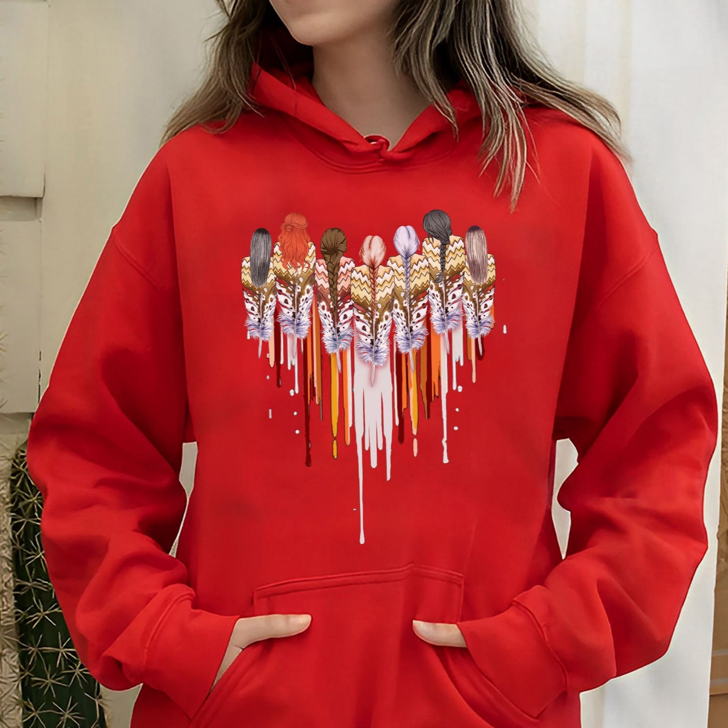 Native American Women Feather Heart Unisex RED Hoodie/Sweatshirt/T-Shirt