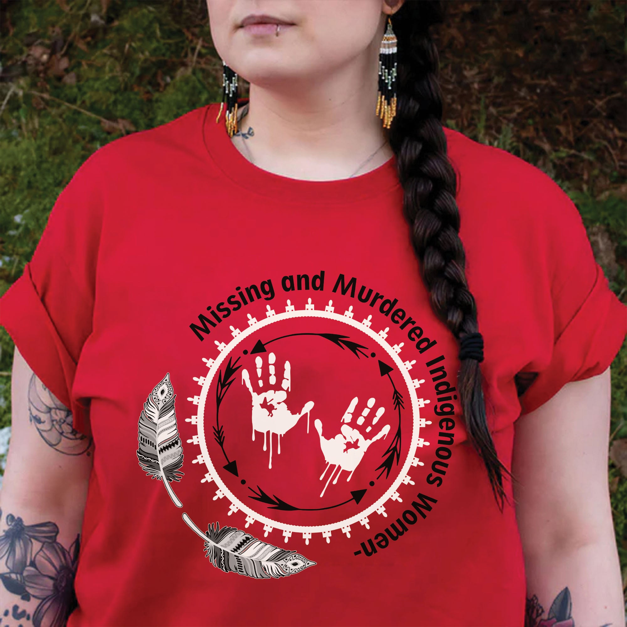 MMIW Awareness Honoring MMIW – Red Tee with Handprint & Sacred Feather Unisex T-shirt/T-shirt V-Neck/Hoodie/Sweatshirt