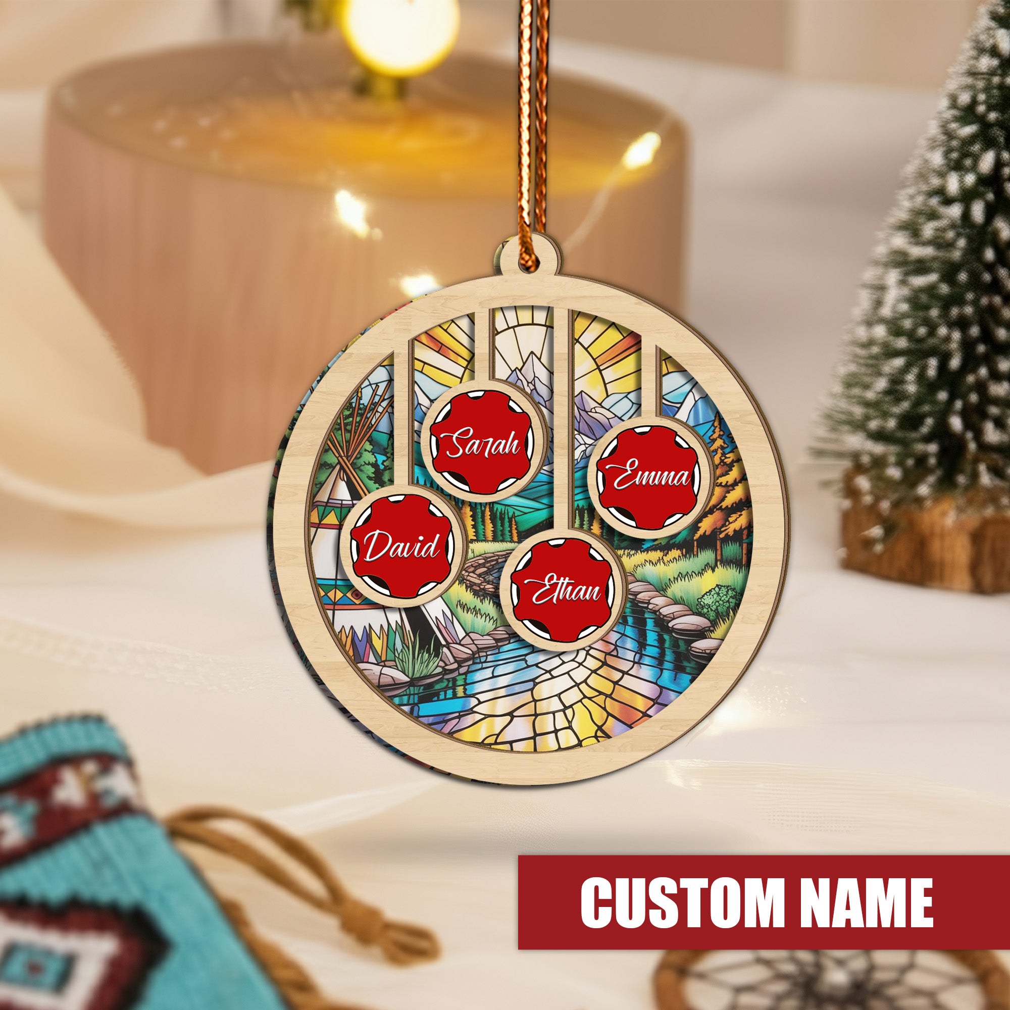Native Teepee and Nature Family Ornament Unique Christmas Gift Decor Wood and Acrylic (Custom Name)