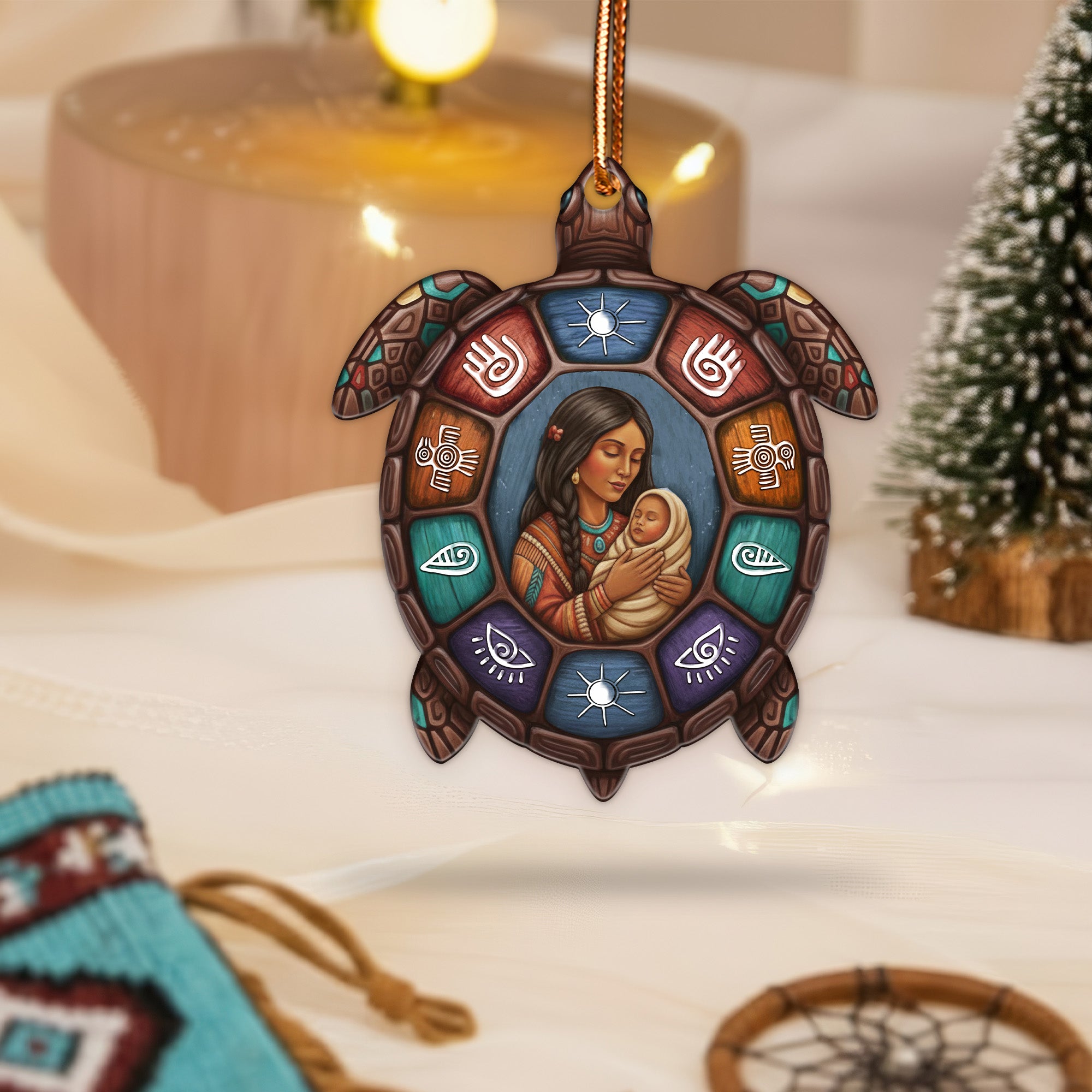 Native Mother and Child Turtle Ornament Unique Christmas Gift Decor Flat Acrylic