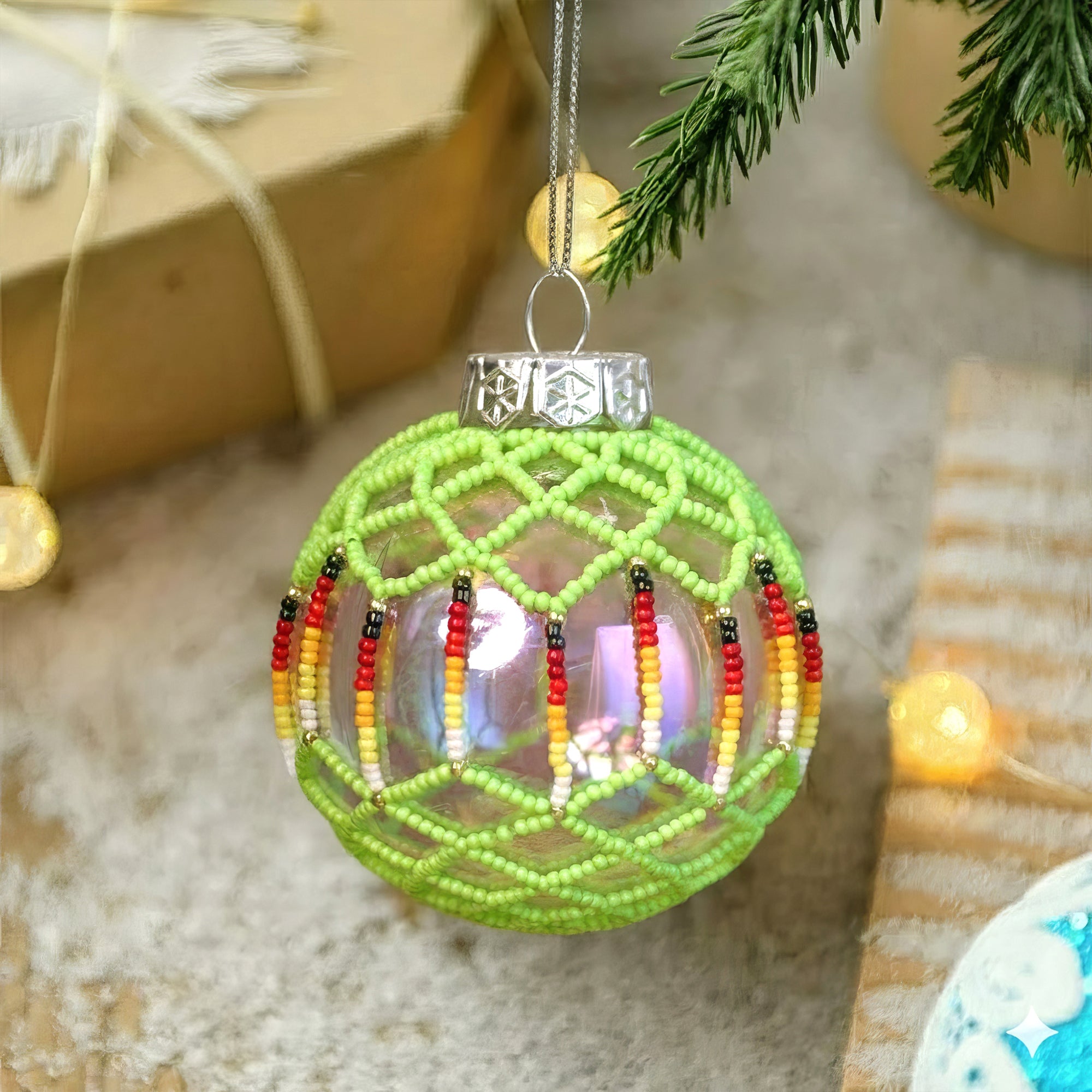 Green Beaded Ornament Handcrafted Holiday Decor Gift