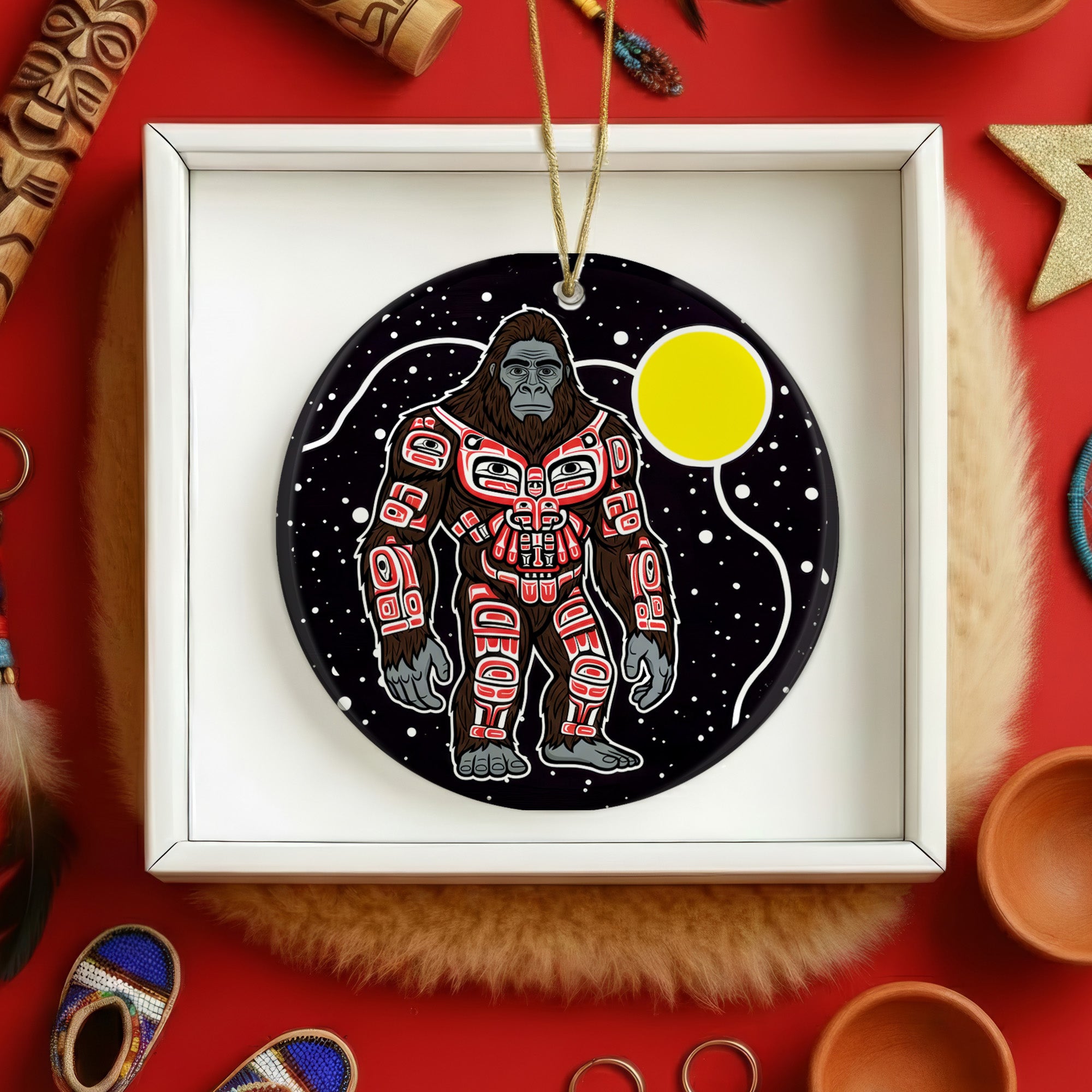 Moonlit Bigfoot Spirit Ceramic Ornament – Indigenous Art Decor