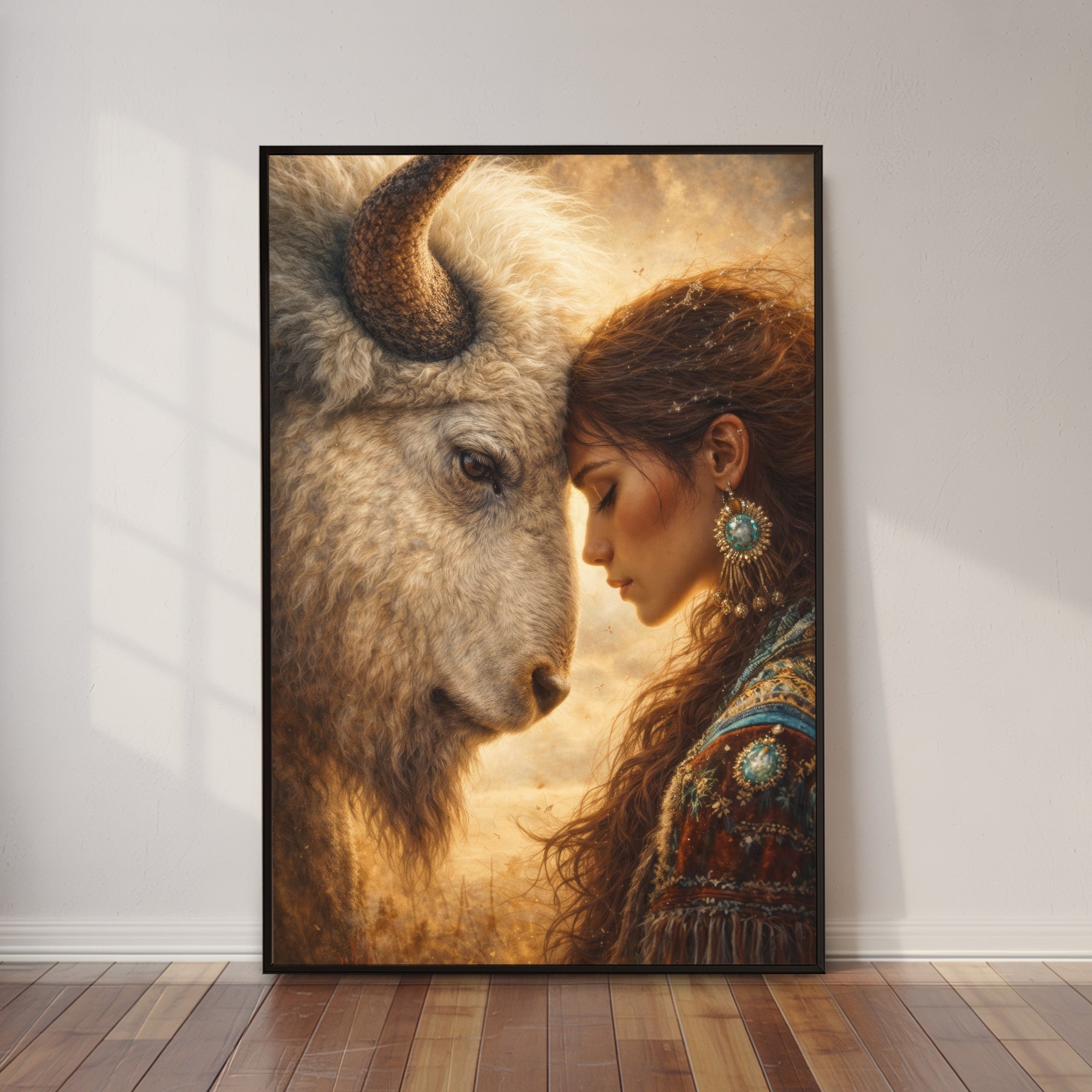 Sacred Bond of Indigenous Woman and Bison – Native American Art Poster/Canvas
