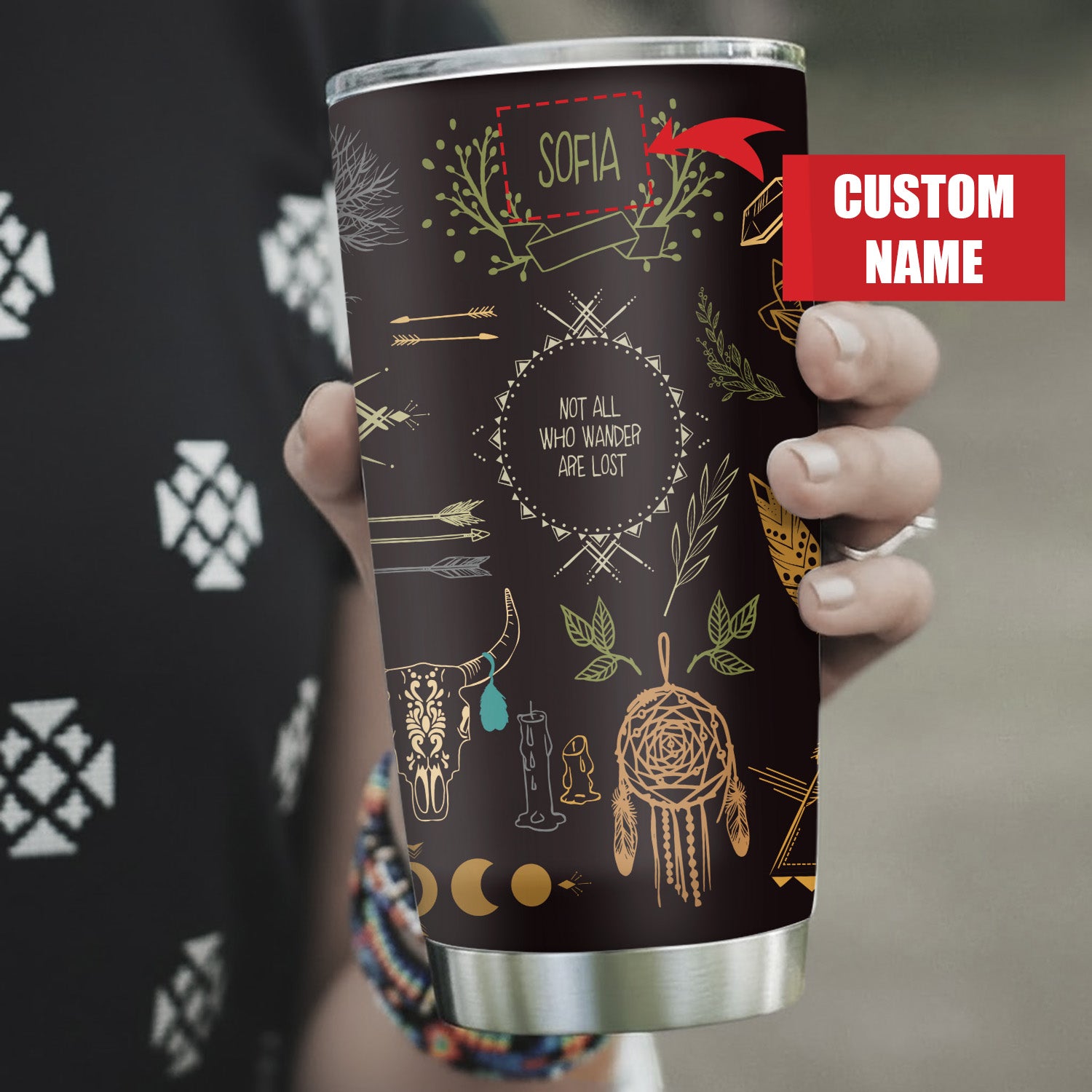 Boho Dreamcatcher Tumbler Stainless Steel Drinking Cup (Custom Name)