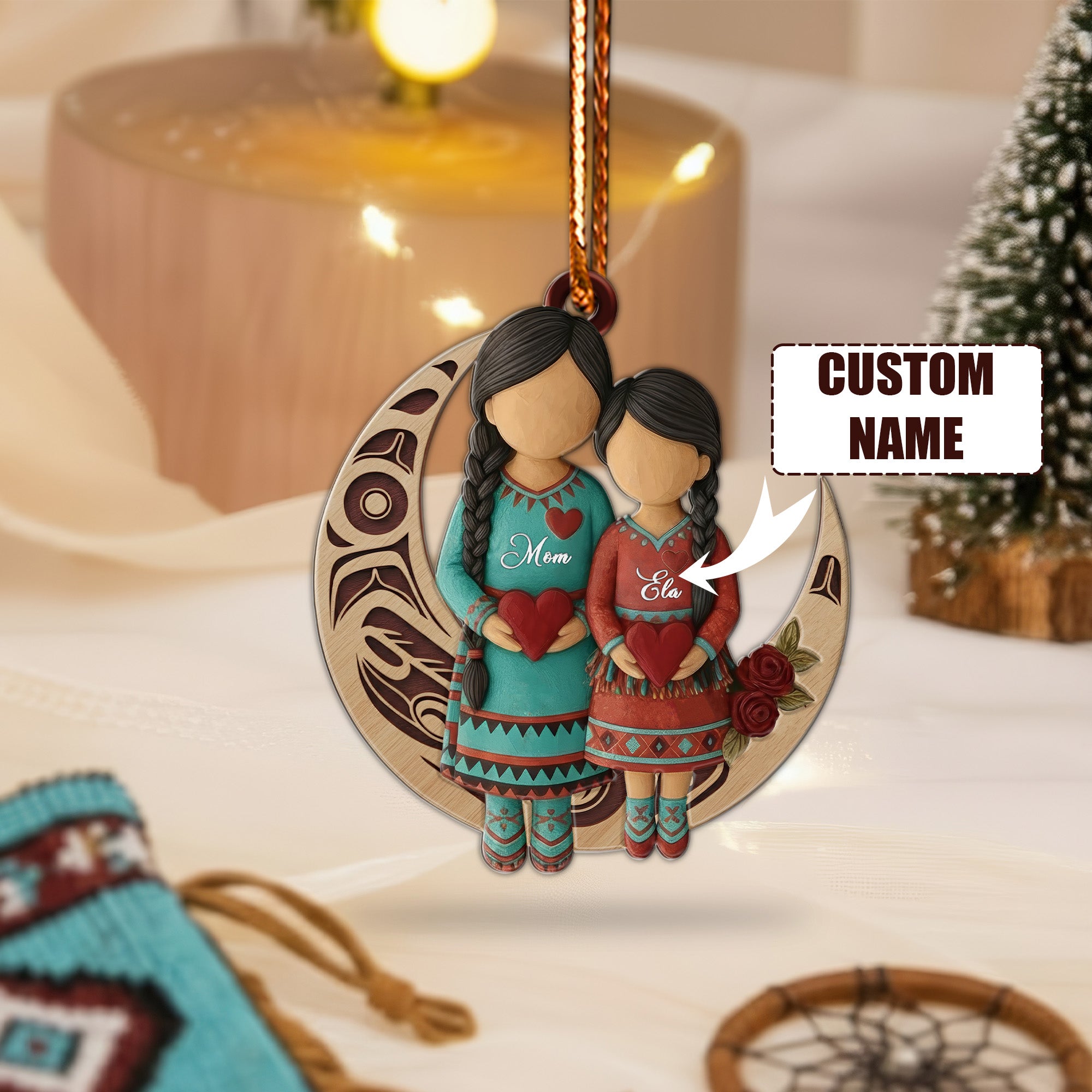 Native Mother & Daughter Moon Ornament Unique Christmas Gift Decor Flat Acrylic (Custom Name)