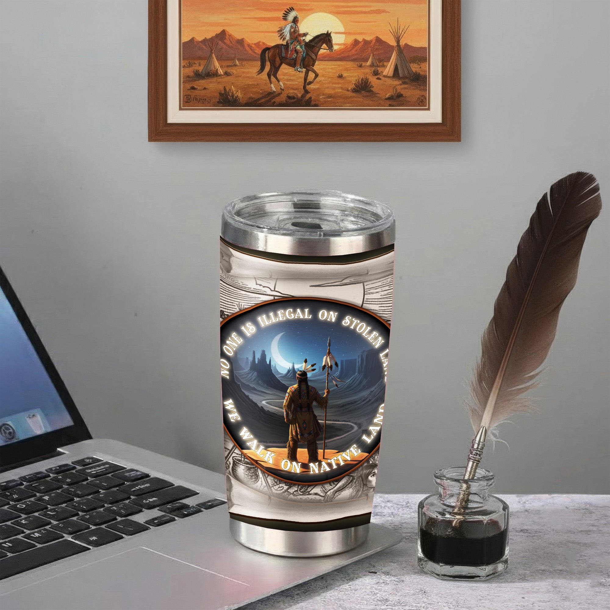 No One Is Illegal On Stolen Land Native American Travel Tumbler Stainless Steel Drinking Cup