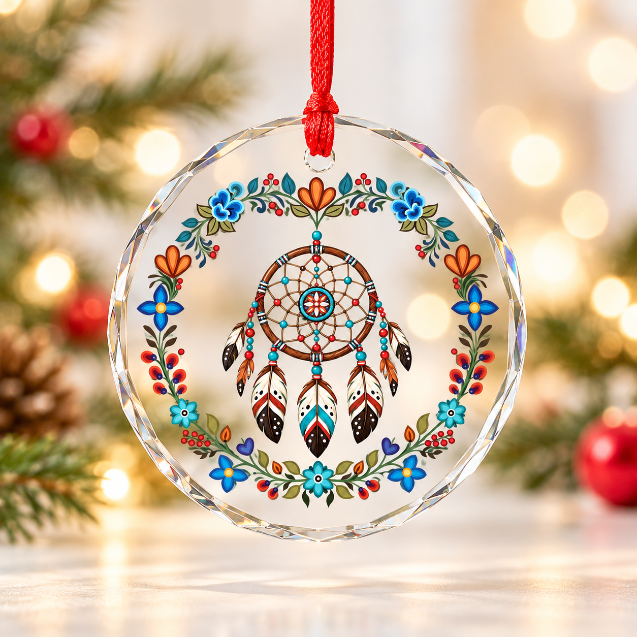 Native Floral Dreamcatcher Glass Ornament – Indigenous Art Decor