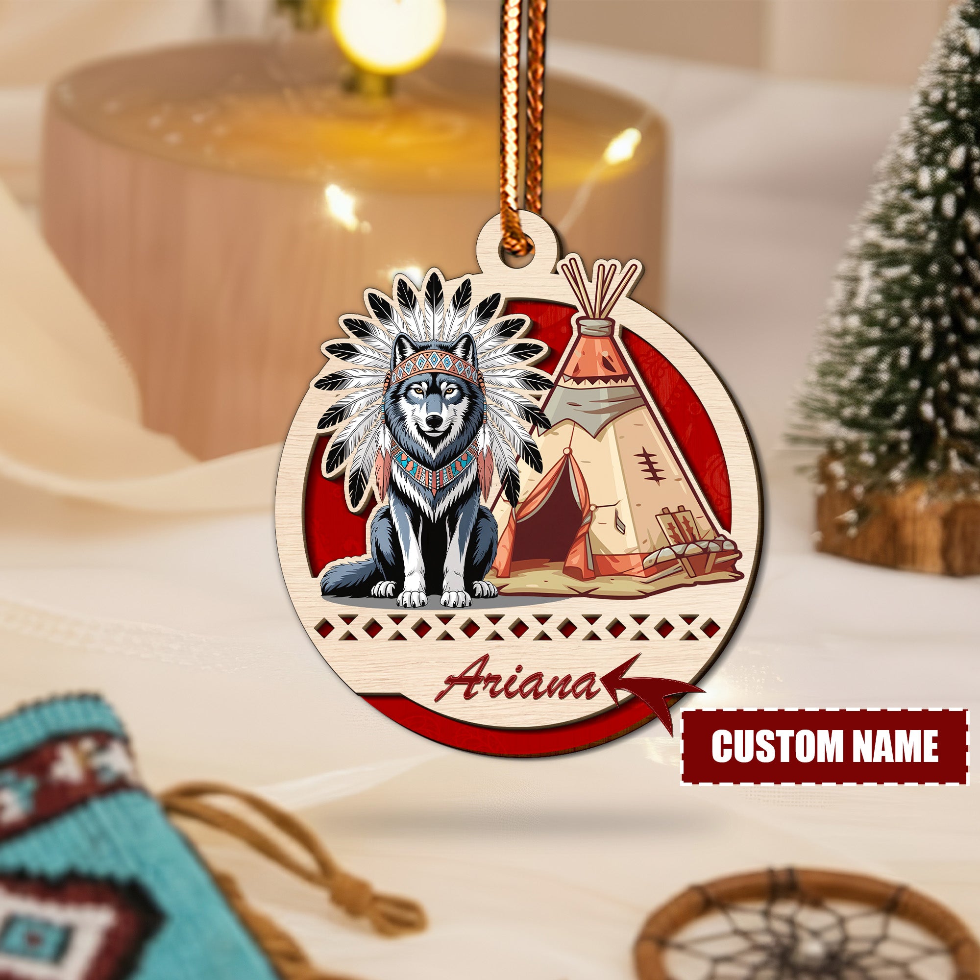 Wolf and Teepee Family Ornament Unique Christmas Gift Decor Two Layered Wood (Custom Name)