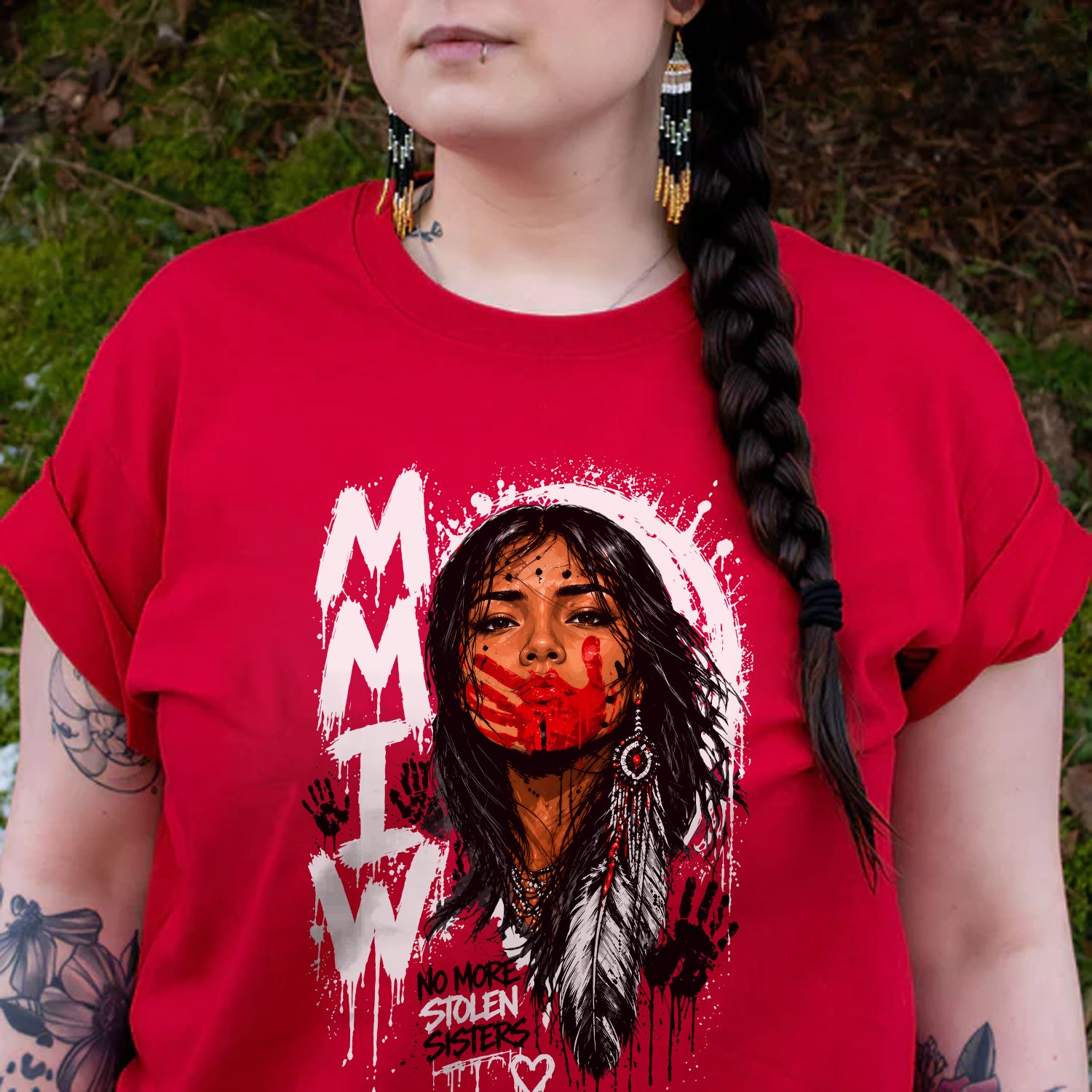 Voice of the Silent - MMIW Native Woman Portrait with Red Handprint Unisex T-shirt/T-shirt V-Neck/Hoodie/Sweatshirt