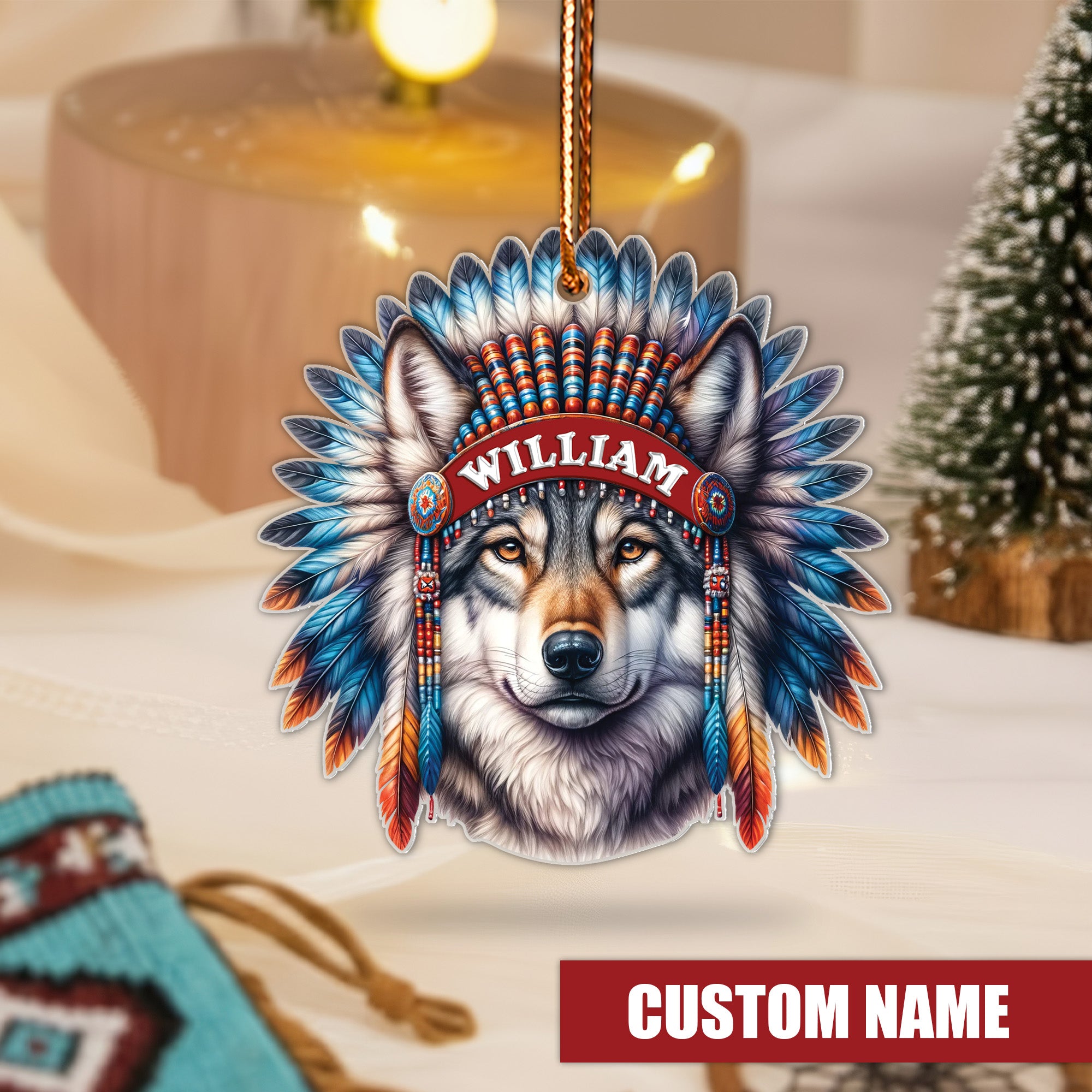 Wolf Spirit Feather Ornament Native American Unique Christmas Gift Decor Flat Acrylic (Custom Name)