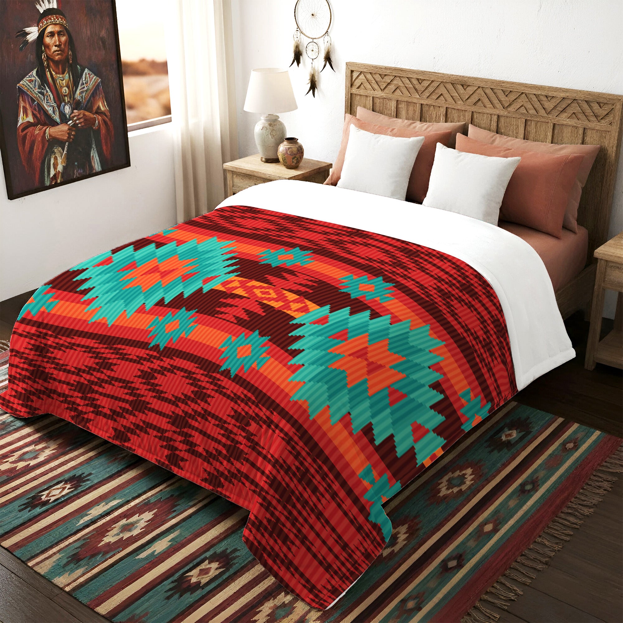 Native American Style Red Pattern Fleece Blanket