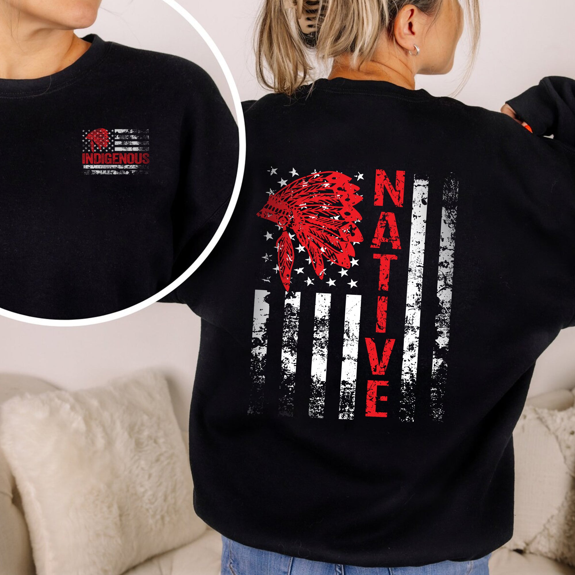 Indigenous American Flag T-Shirt – Native Pride Red Headdress Unisex T-Shirt/T-Shirt V-Neck/Hoodie/Sweatshirt Two Sides