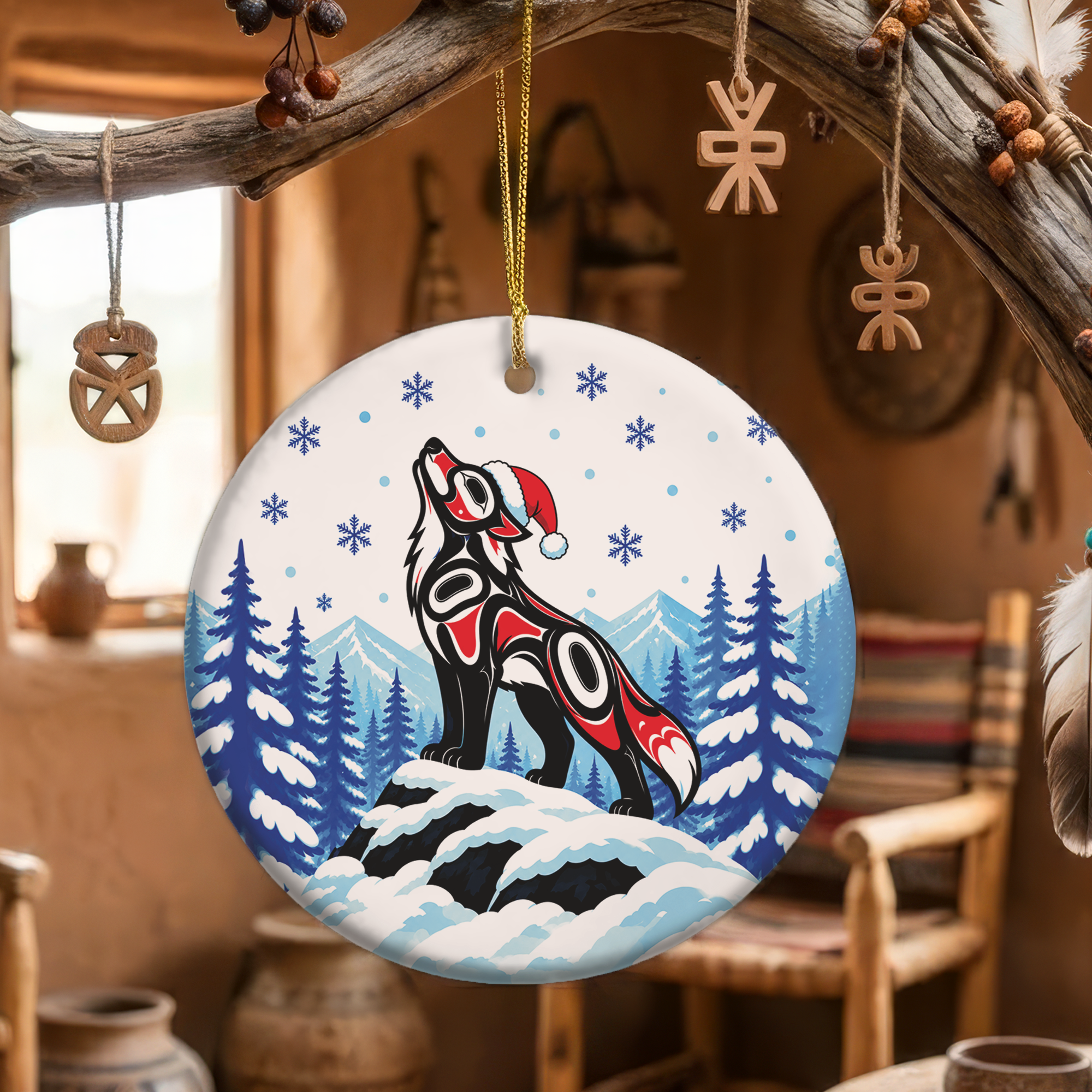 Howling Wolf Christmas Native Tribal Ceramic Ornament - Indigenous Art Decor