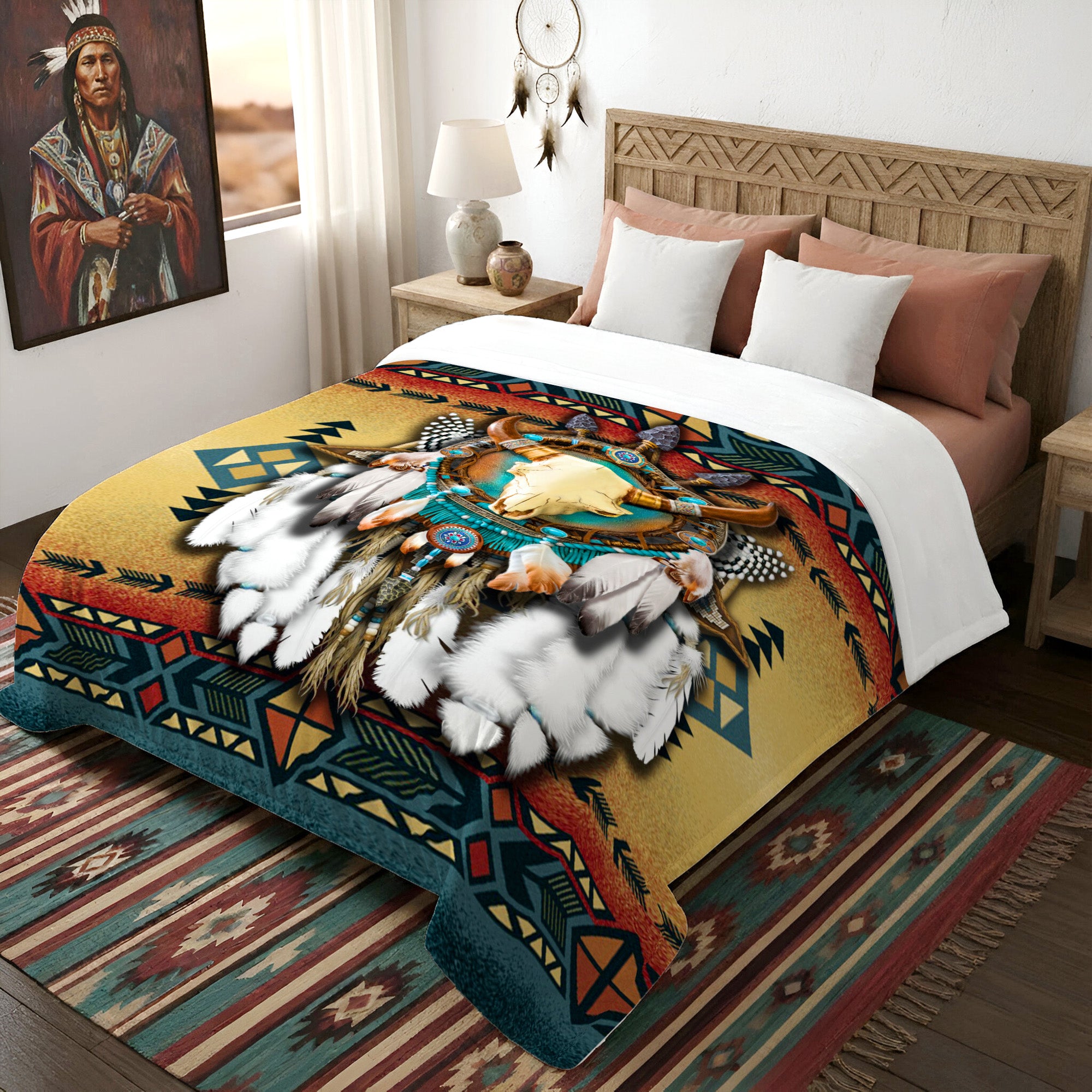 Native American Style Bull Patterns Soft and Warm Fleece Blanket