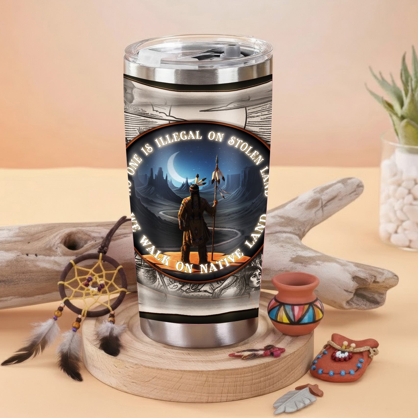 No One Is Illegal On Stolen Land Native American Travel Tumbler Stainless Steel Drinking Cup