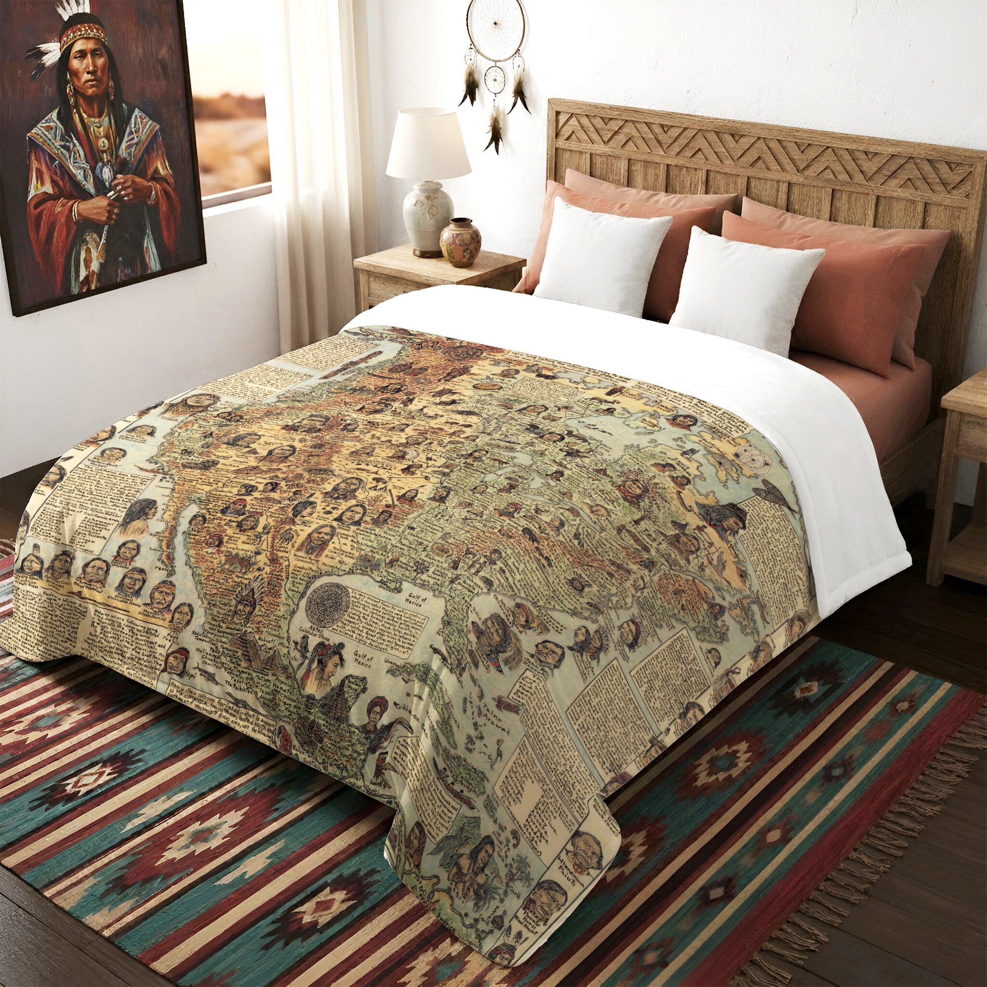 562 Native Tribes of North America Map Fleece Blanket, Native Design Camping Blanket Soft and Warm