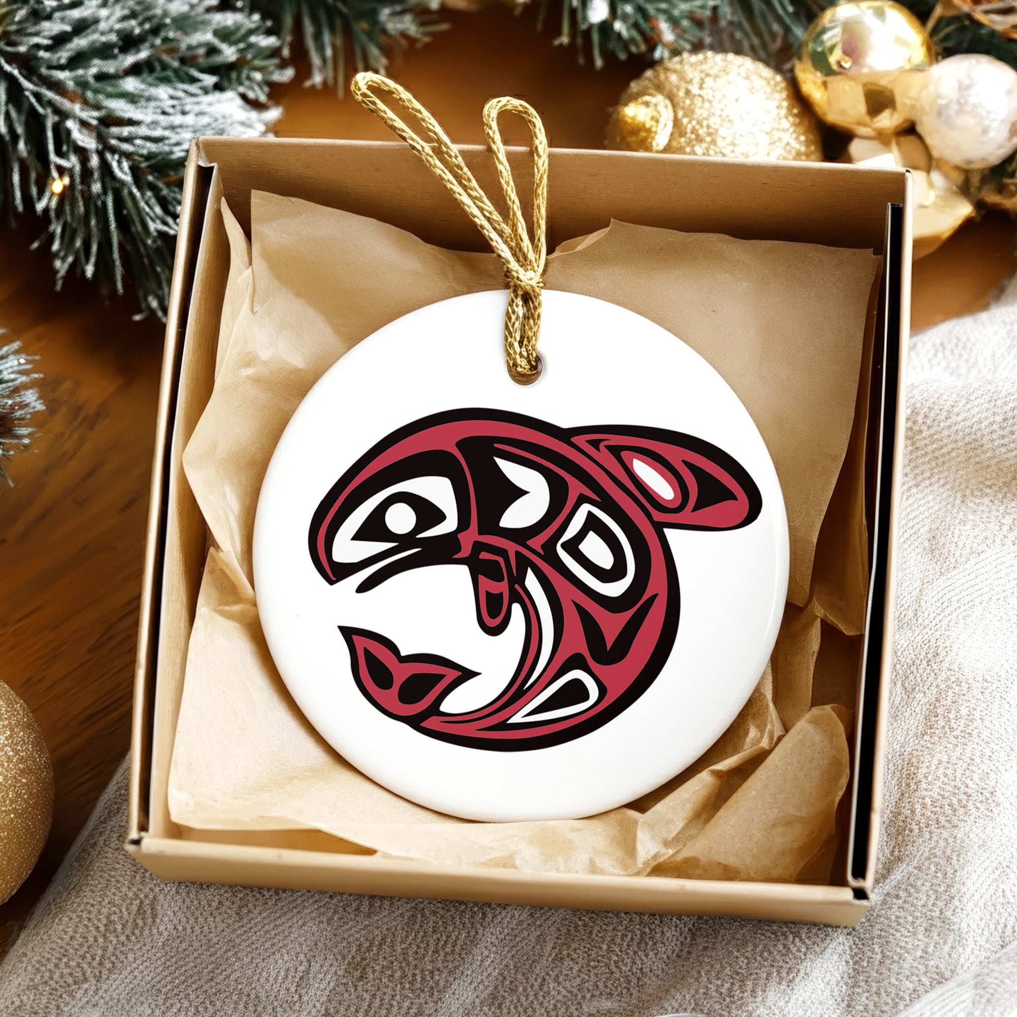 Native Orca Spirit Ceramic Ornament – Handcrafted Indigenous Art Decoration