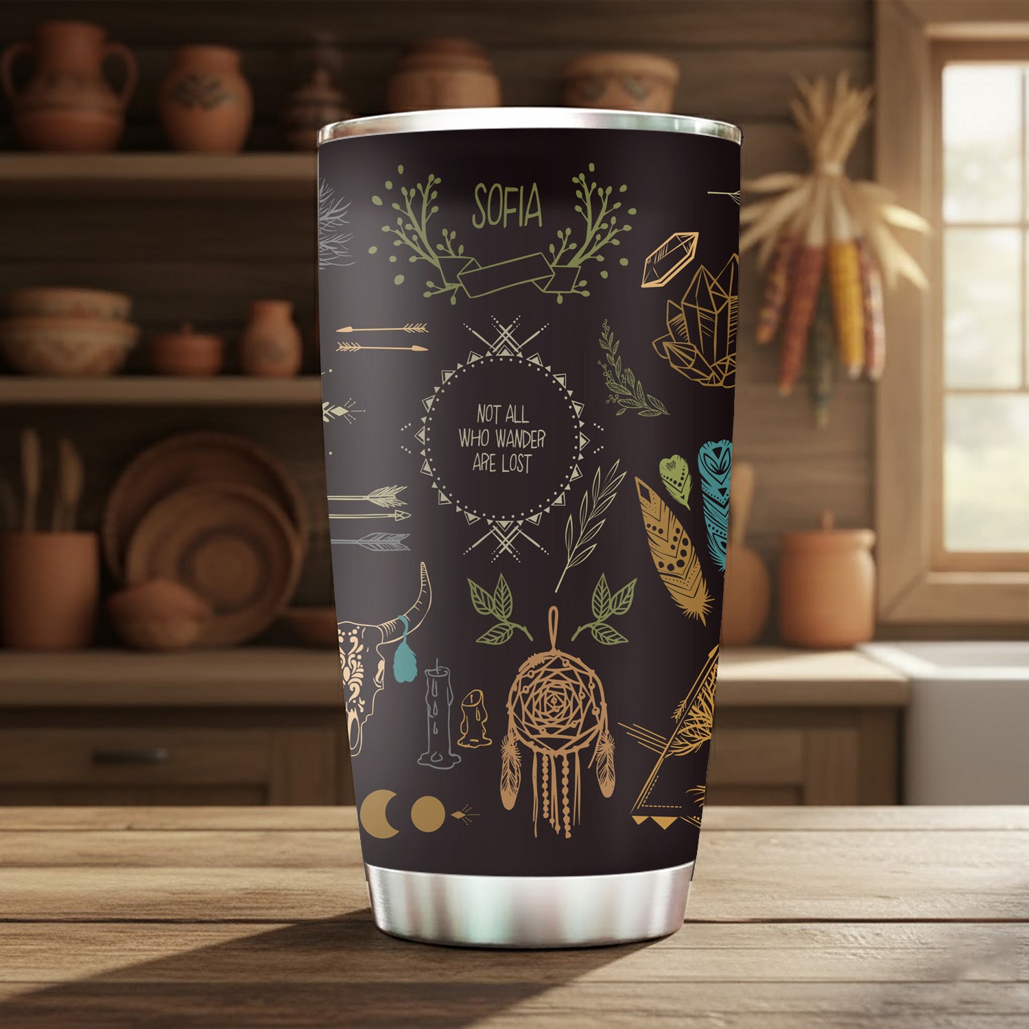 Boho Dreamcatcher Tumbler Stainless Steel Drinking Cup (Custom Name)