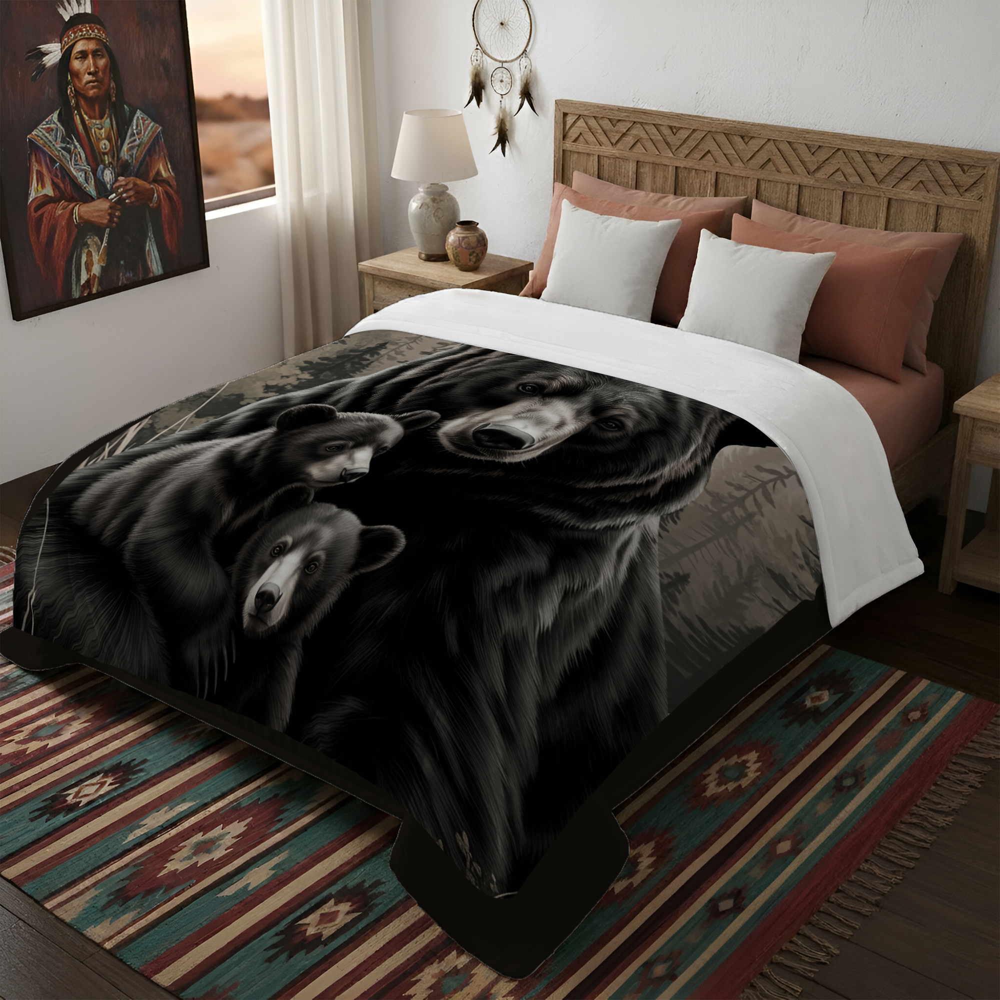 Forest Guardians Bear Family Native American Cozy Fleece Blanket