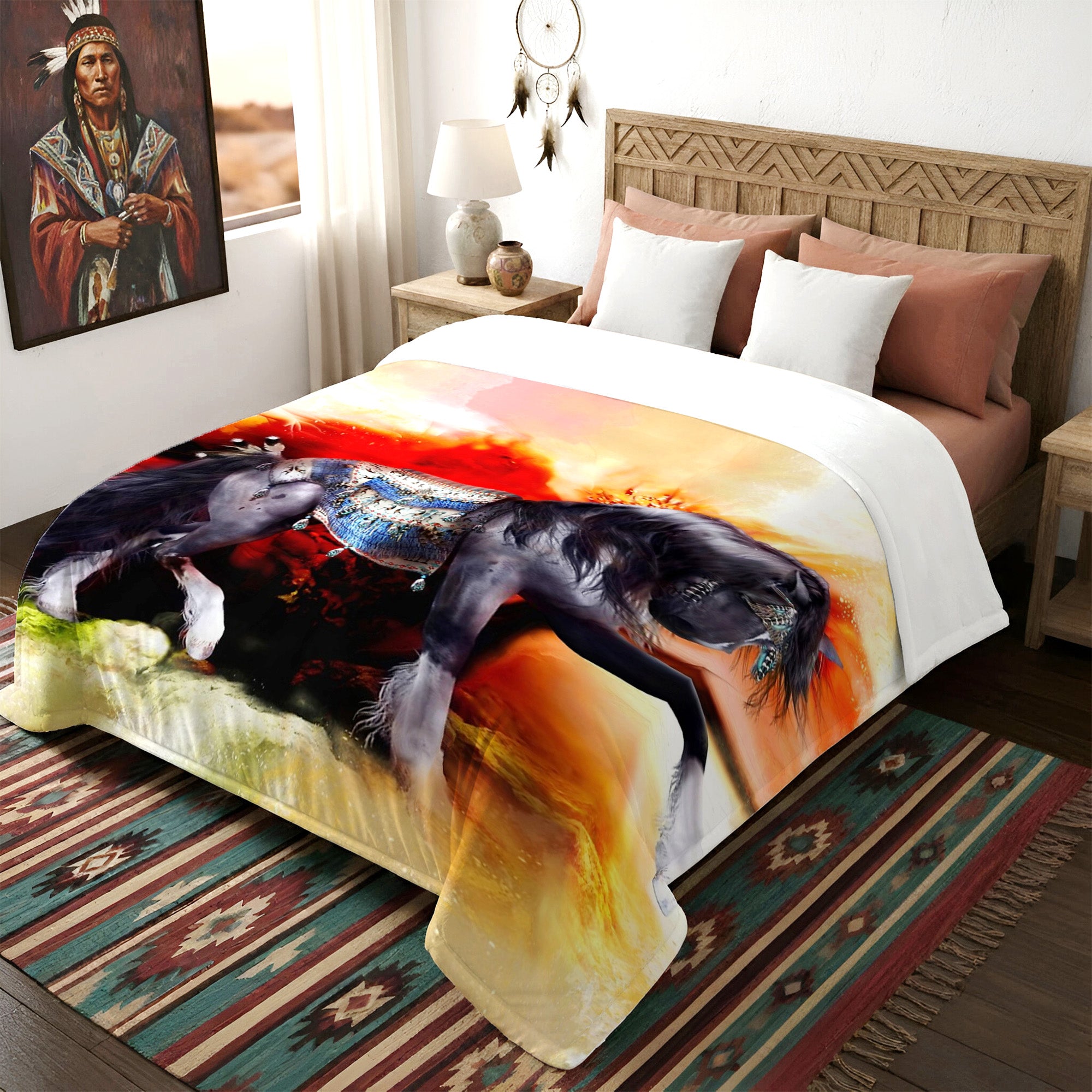 Native American Style Horse Soft And Warm Premium Fleece Blanket