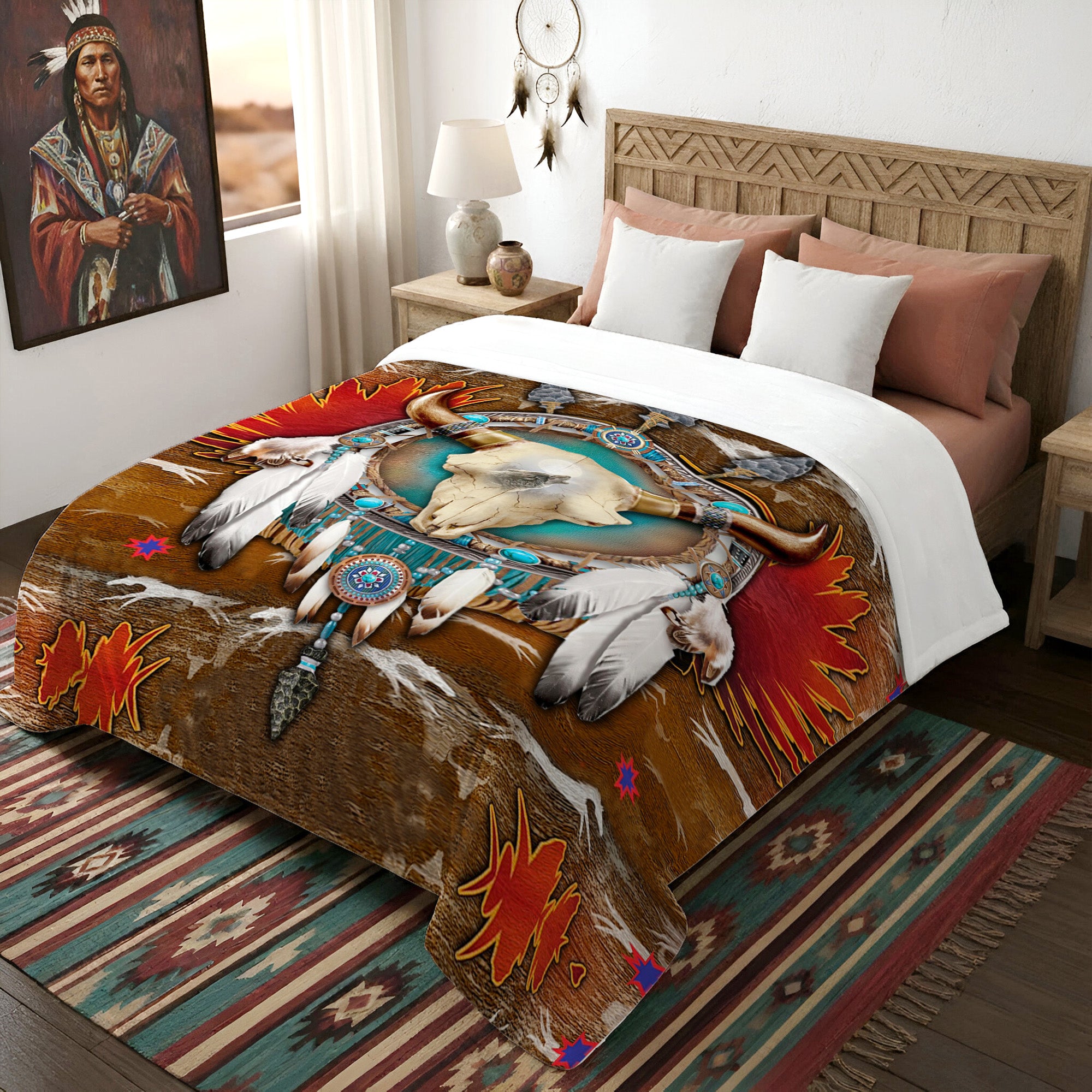 Native American Style Buffalo Symbols Soft and Warm Fleece Blanket