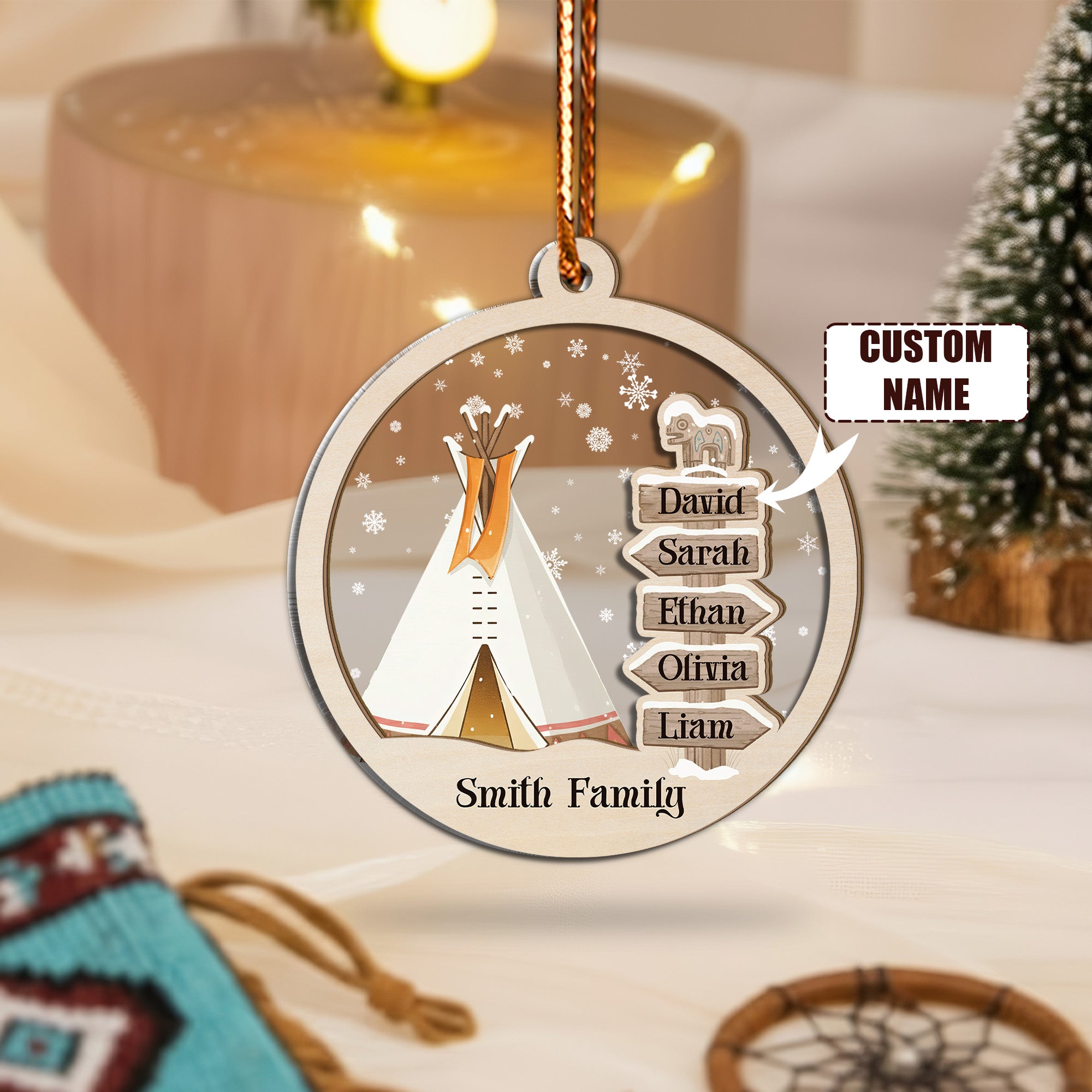 Native Teepee Family Ornament Unique Christmas Gift Decor Wood and Acrylic (Custom Name)