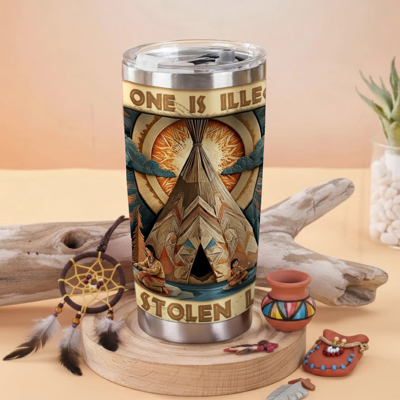 No One Is Illegal on Stolen Land Native American Teepee Tumbler Stainless Steel Drinking Cup