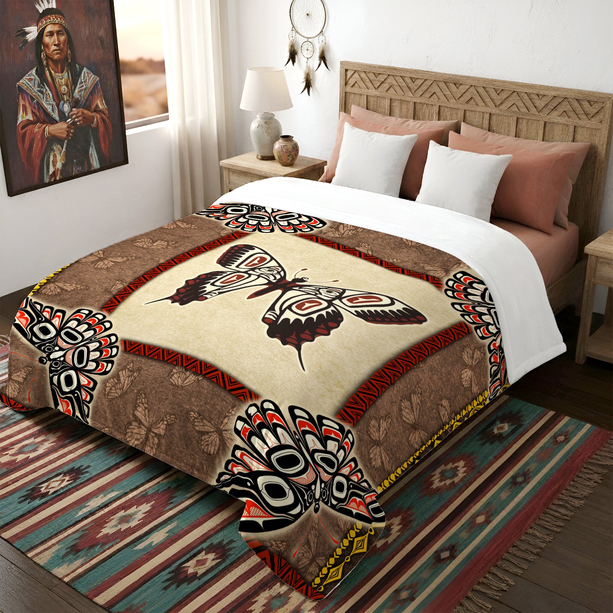 Native American Style Butterfly Symbols Soft and Warm Premium Fleece Blanket