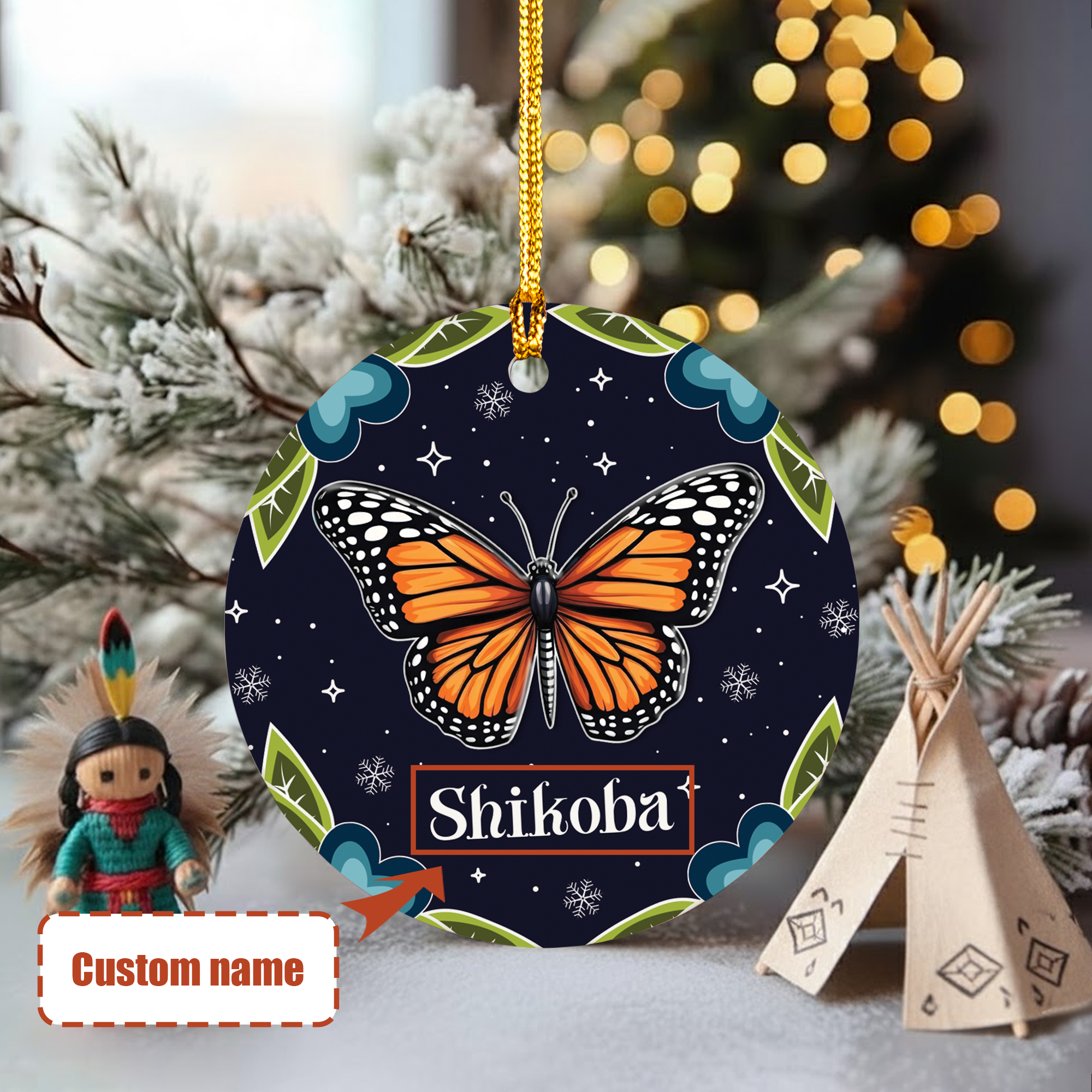 Monarch Butterfly Ceramic & Acrylic Round Ornament Native-Inspired Holiday Decor (Custom Name)