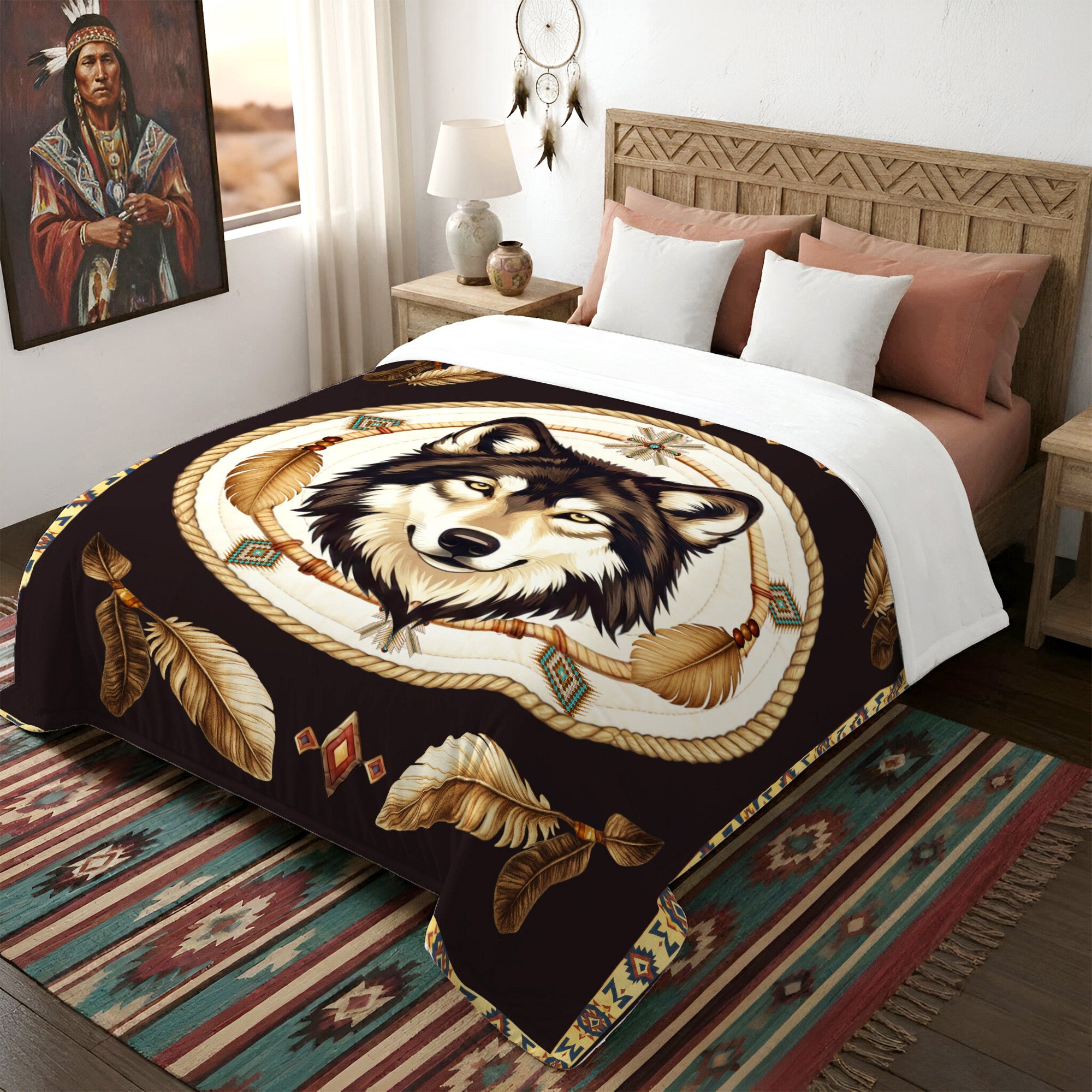 Native Wisdom Wolf Throw Native American Cozy Fleece Blanket