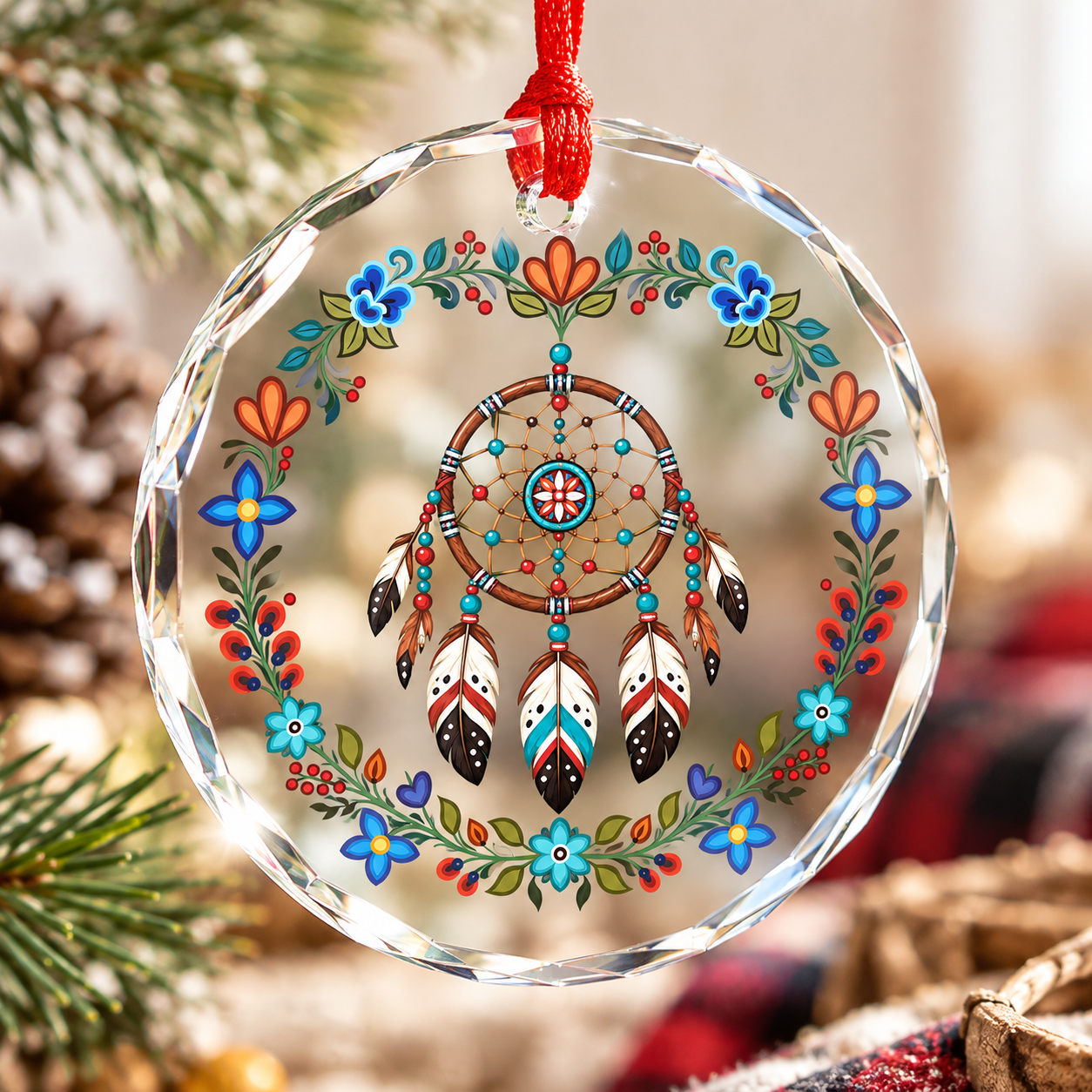 Native Floral Dreamcatcher Glass Ornament – Indigenous Art Decor