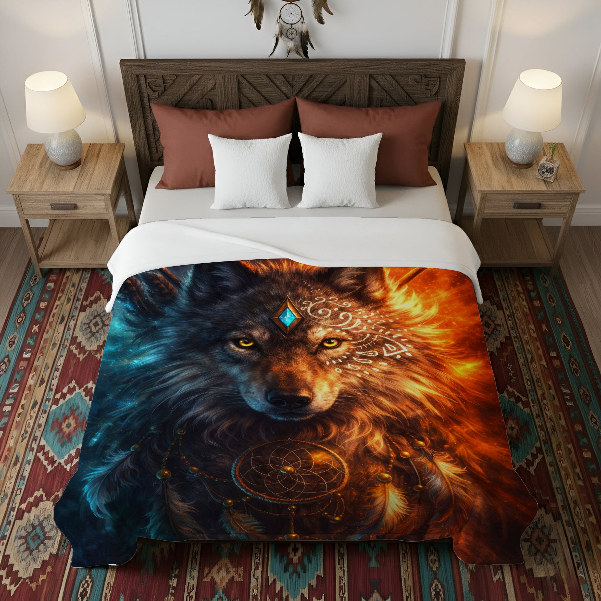 Wolf Totem Fire & Ice Dreamcatcher Native Spirit Wolf Sacred Art Fleece Blanket