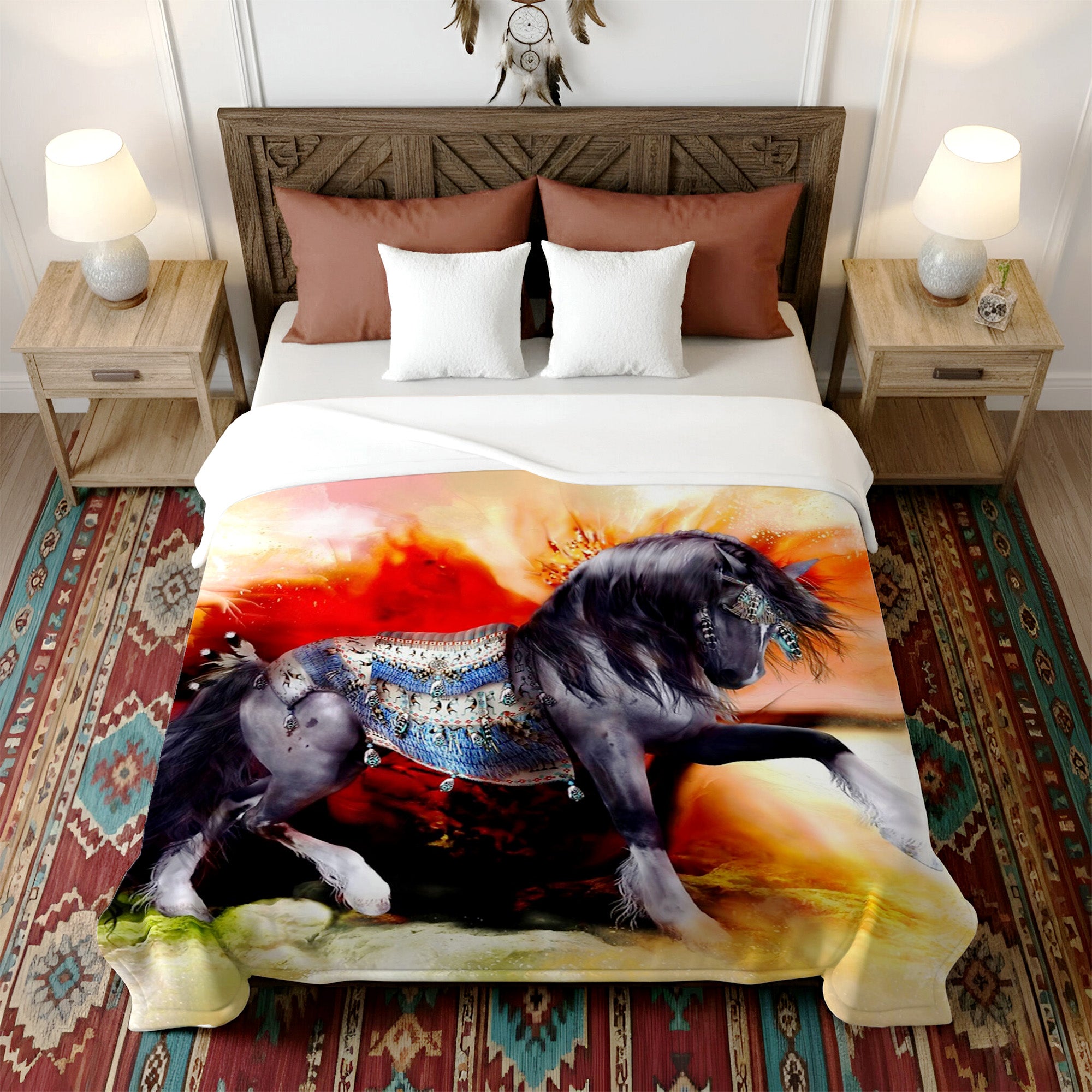 Native American Style Horse Soft And Warm Premium Fleece Blanket