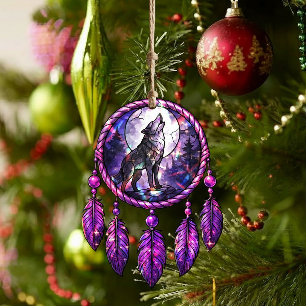 Moonlit Howling Wolf Dreamcatcher Ornament Unique Christmas Gift Decor Flat Hologram Acrylic