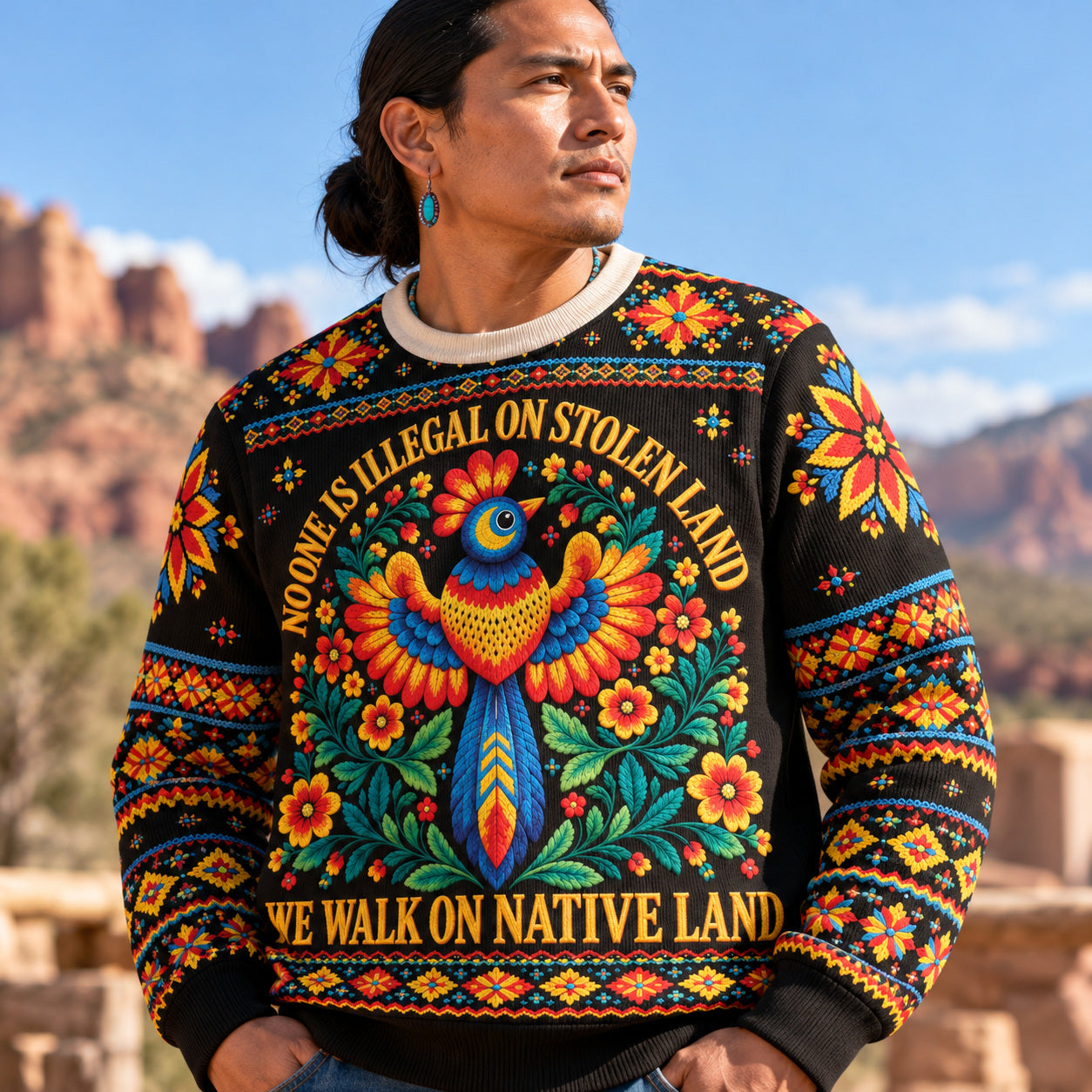 No One Is Illegal On Stolen Land Ugly Sweatshirt Style 2 - Native American Ugly Sweatshirt Unisex