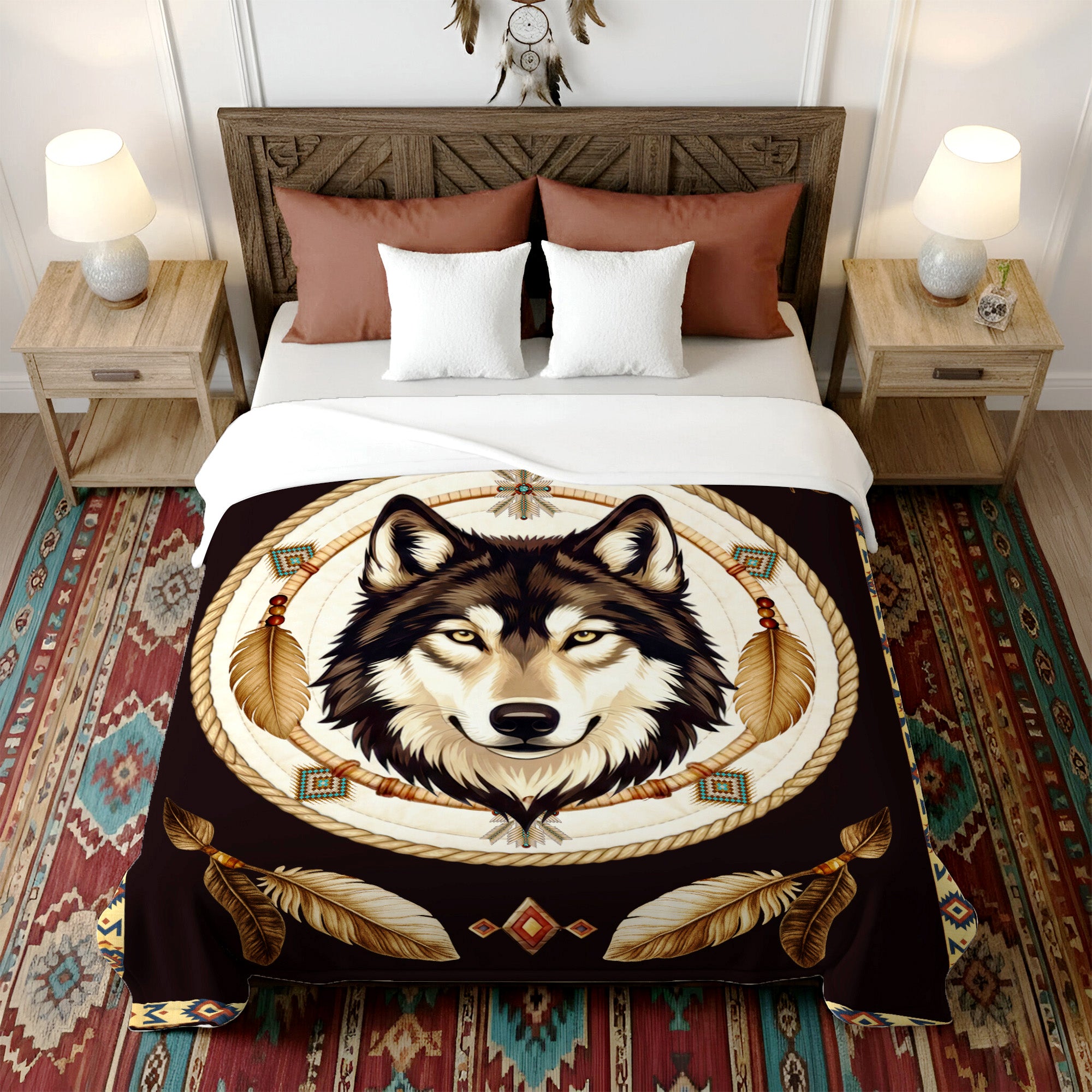 Native Wisdom Wolf Throw Native American Cozy Fleece Blanket