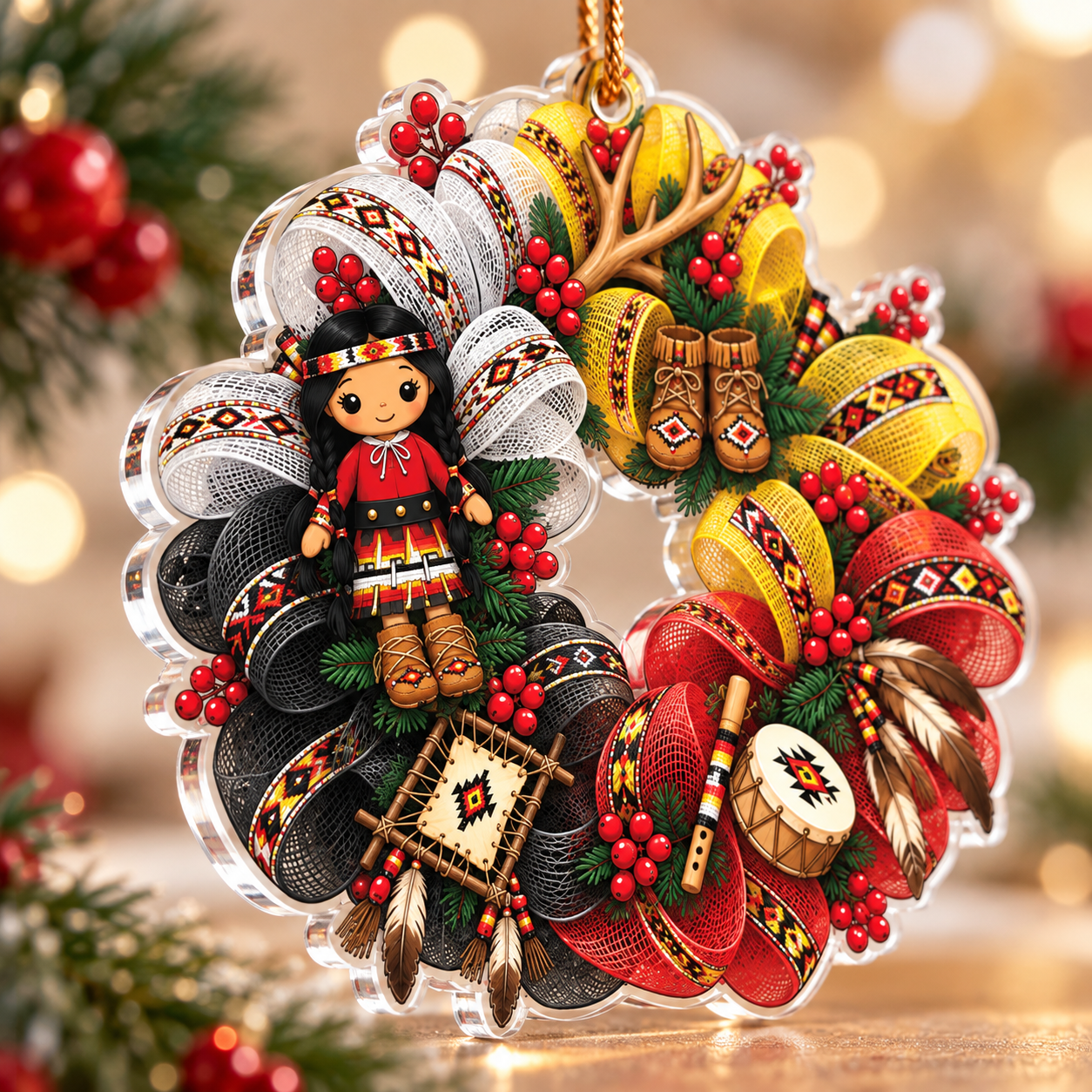 Indigenous Girl Tribal Wreath Acrylic Ornament - Unique Gift Decor Flat Acrylic