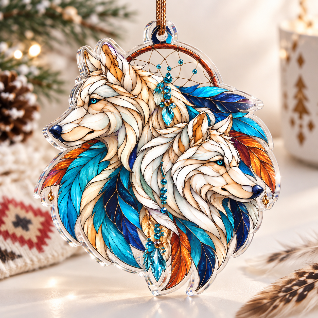 Native Wolf Spirit Dreamcatcher Acrylic Ornament - Unique Gift Decor Flat Acrylic