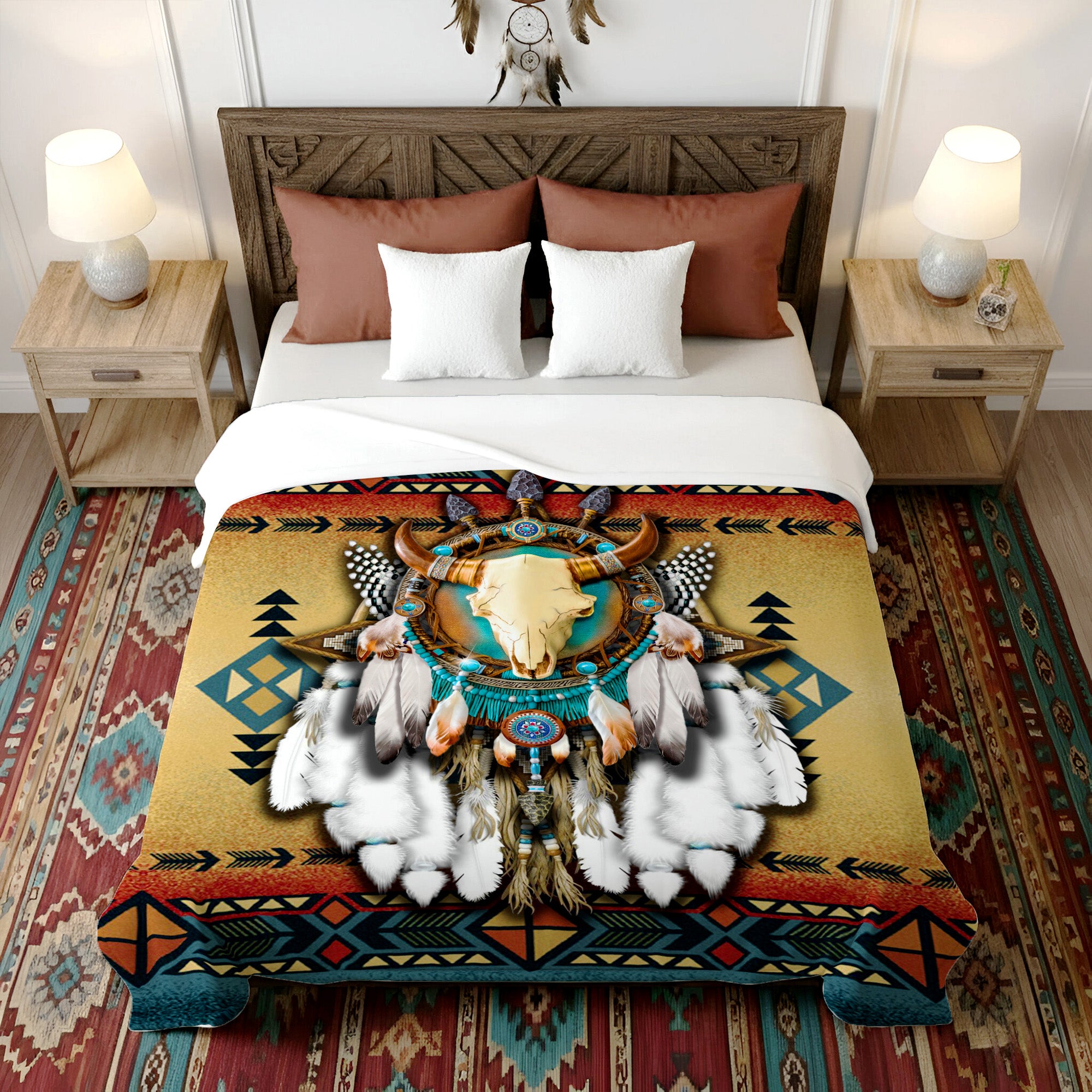 Native American Style Bull Patterns Soft and Warm Fleece Blanket