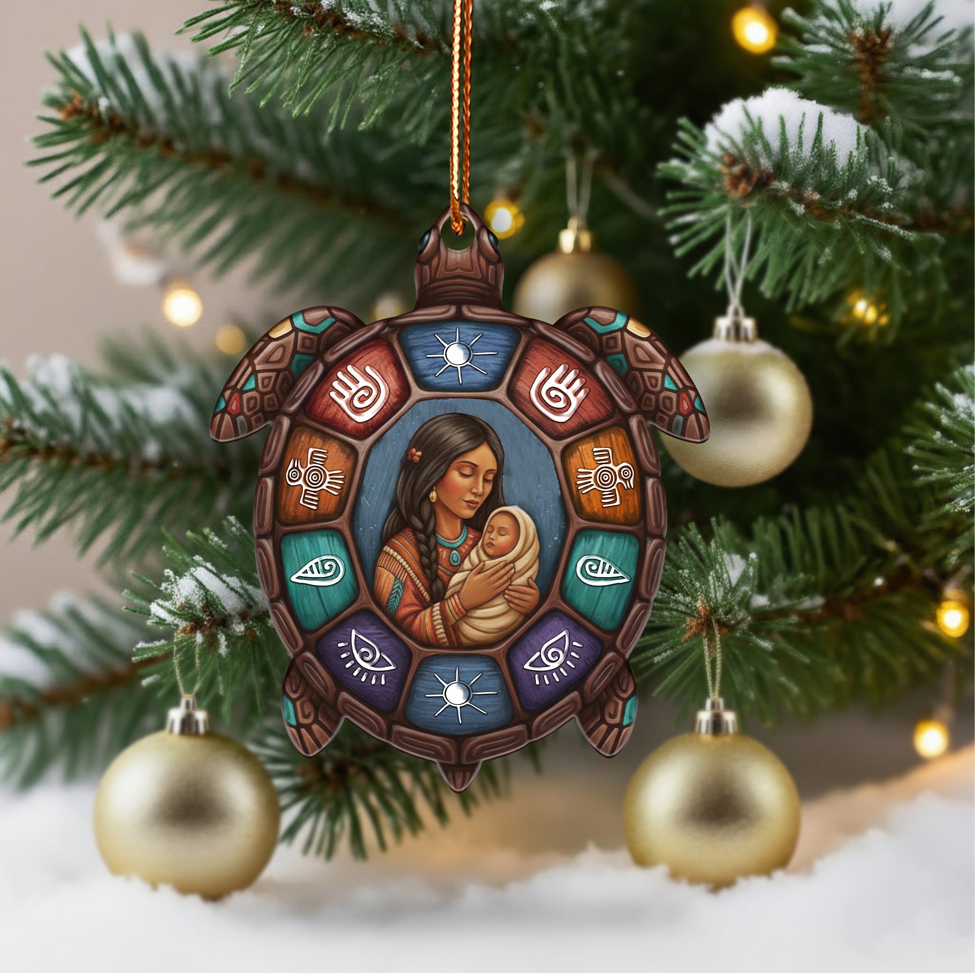 Native Mother and Child Turtle Ornament Unique Christmas Gift Decor Flat Acrylic