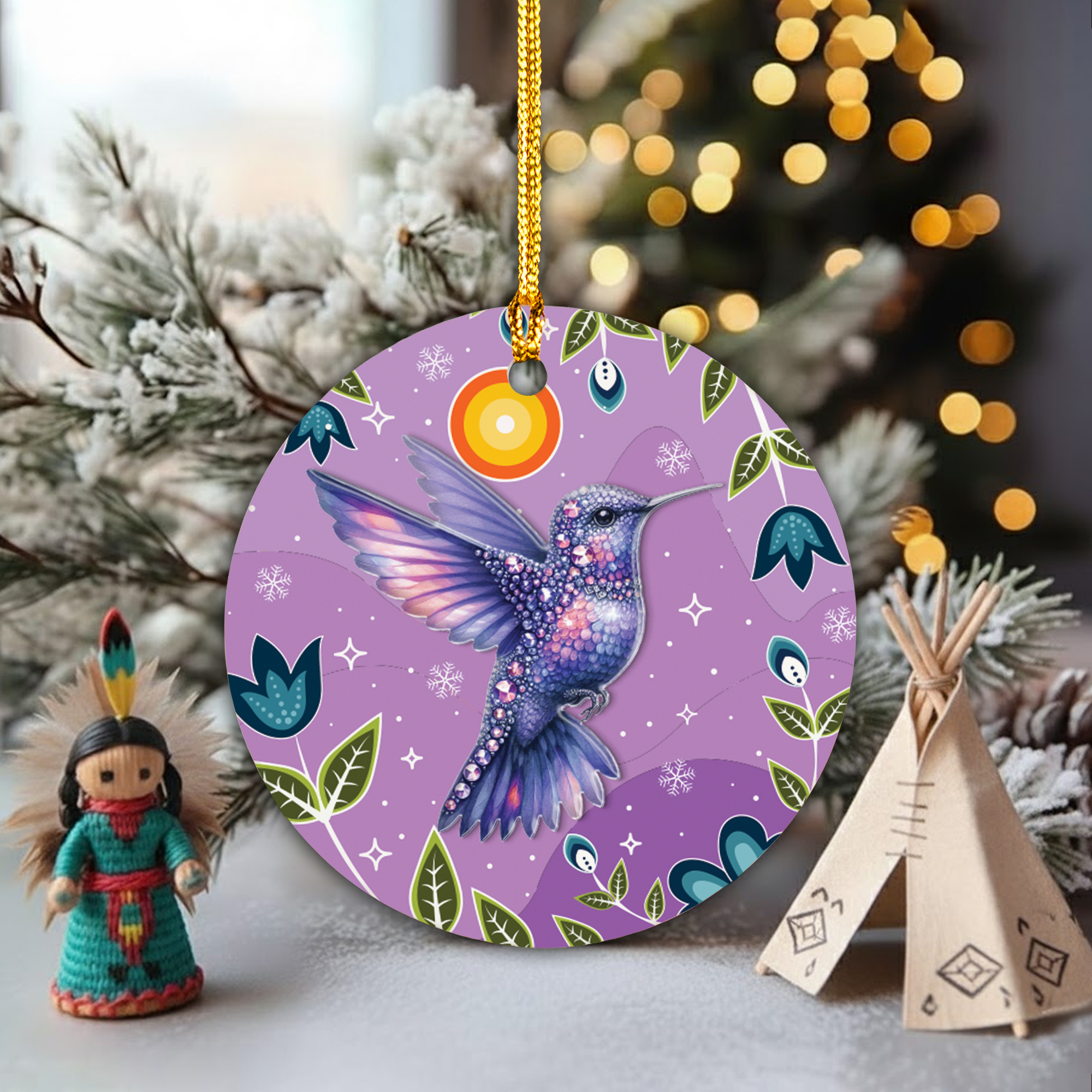 Hummingbird Spirit Blessings Ceramic & Acrylic Round Ornament Native-Inspired Holiday Decor