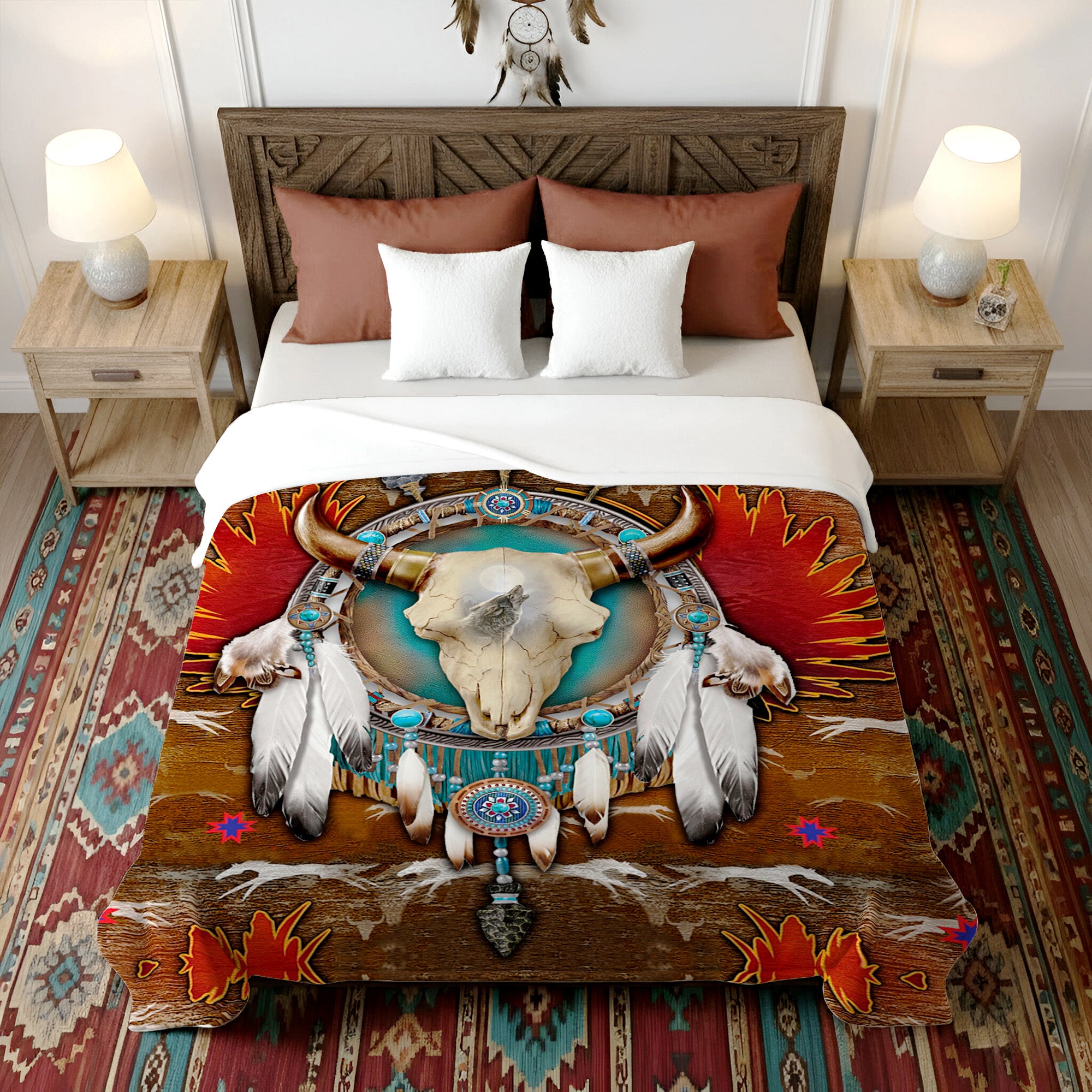 Native American Style Buffalo Symbols Soft and Warm Fleece Blanket