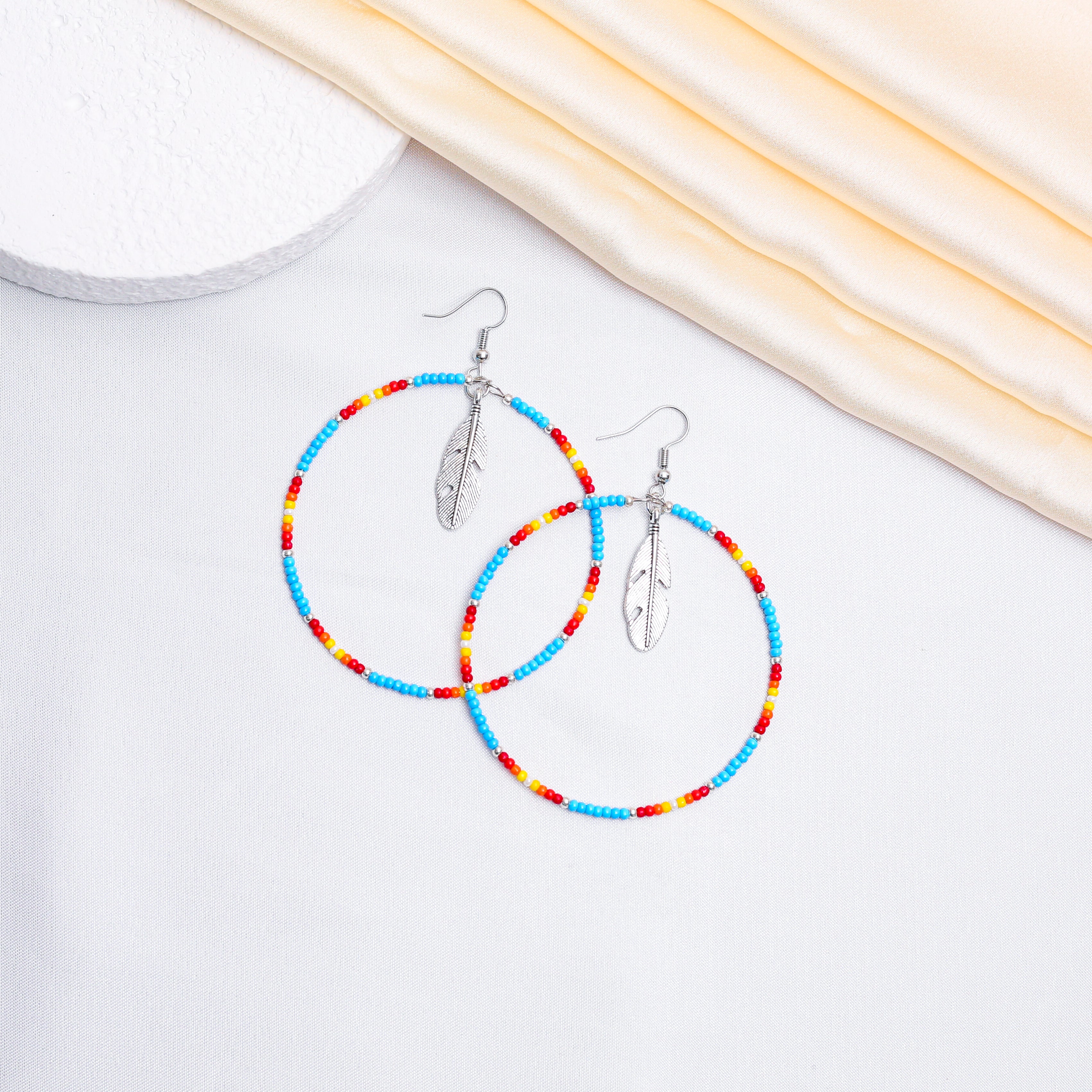 SALE 50% OFF - Blue Round Pattern Beaded Handmade Hoop Earrings For Women