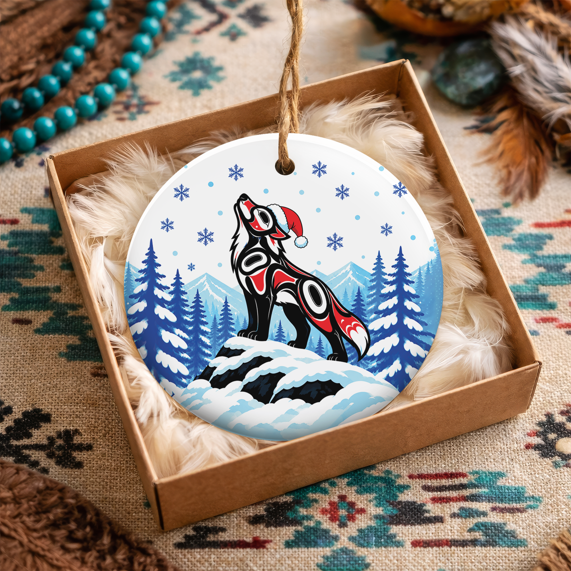 Howling Wolf Christmas Native Tribal Ceramic Ornament - Indigenous Art Decor