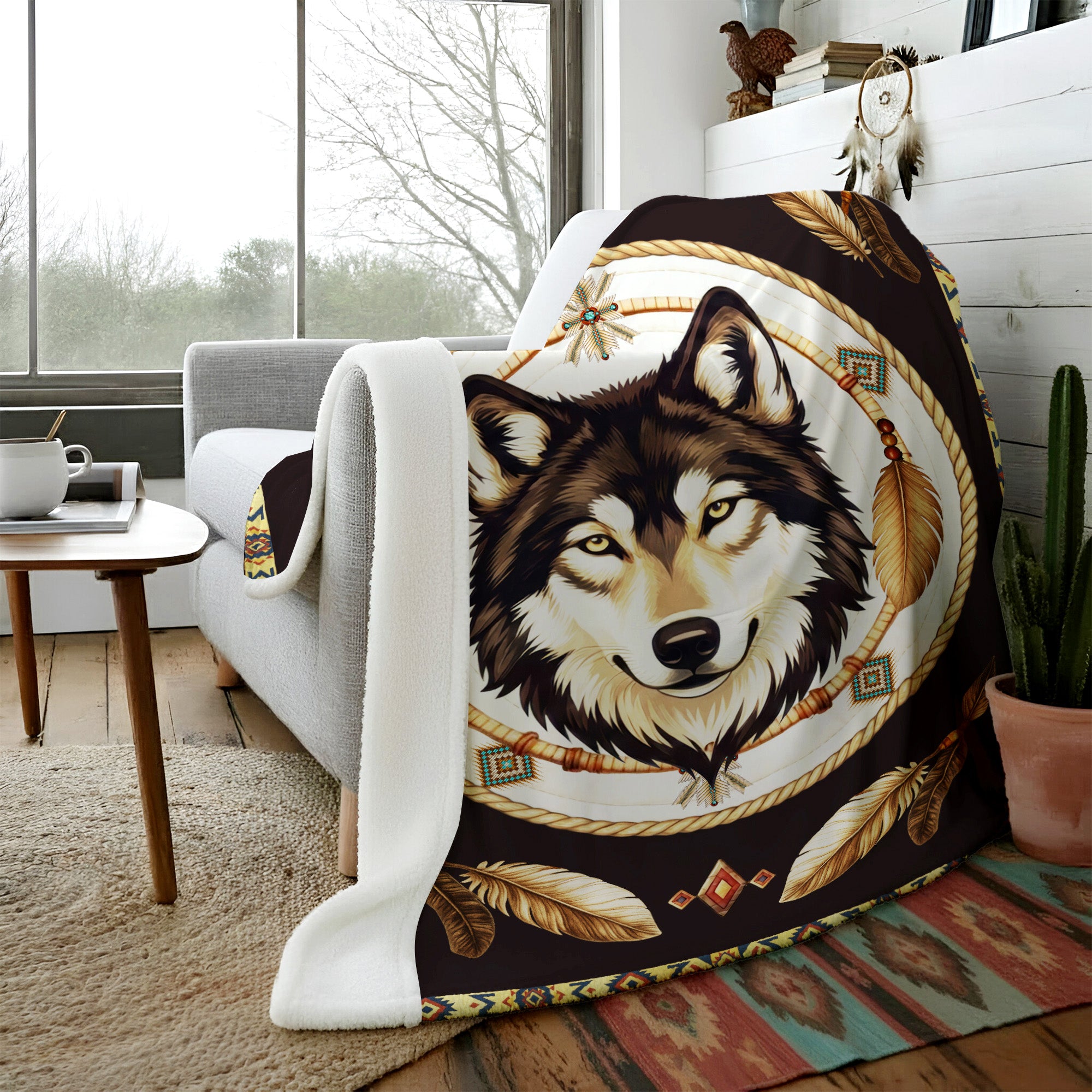 Native Wisdom Wolf Throw Native American Cozy Fleece Blanket