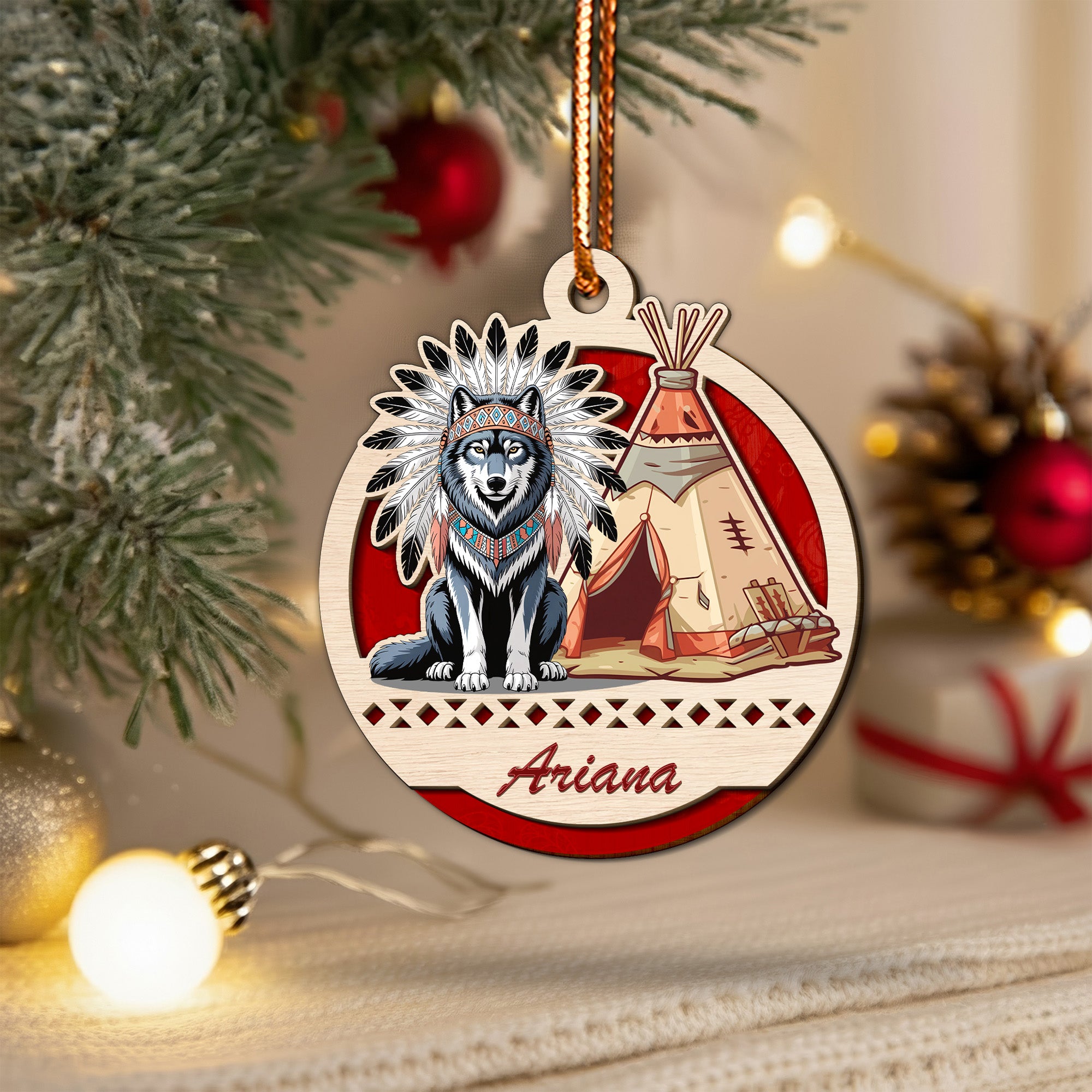 Wolf and Teepee Family Ornament Unique Christmas Gift Decor Two Layered Wood (Custom Name)