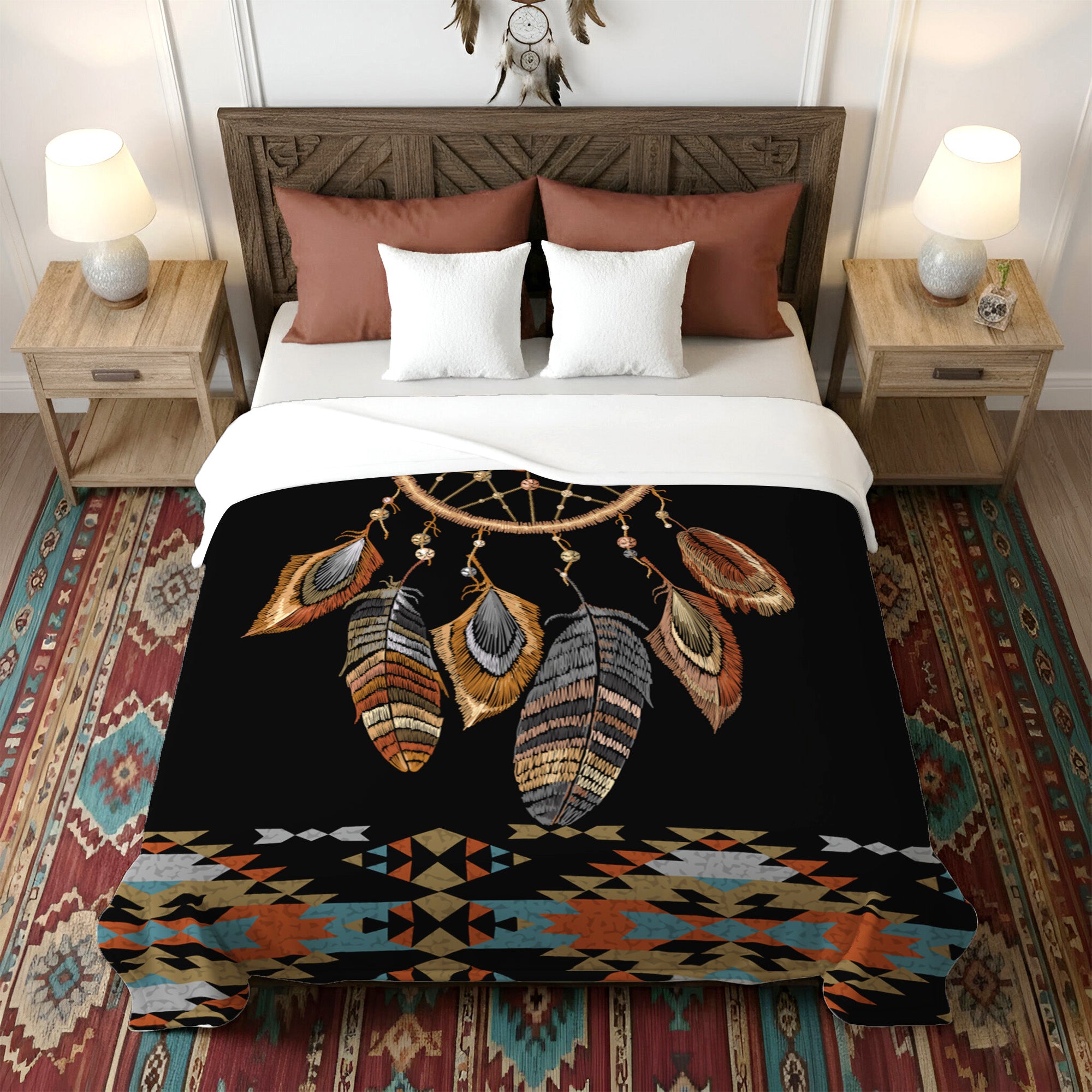 Native American Style Black Big Dreamcatcher Soft And Warm Fleece Blanket