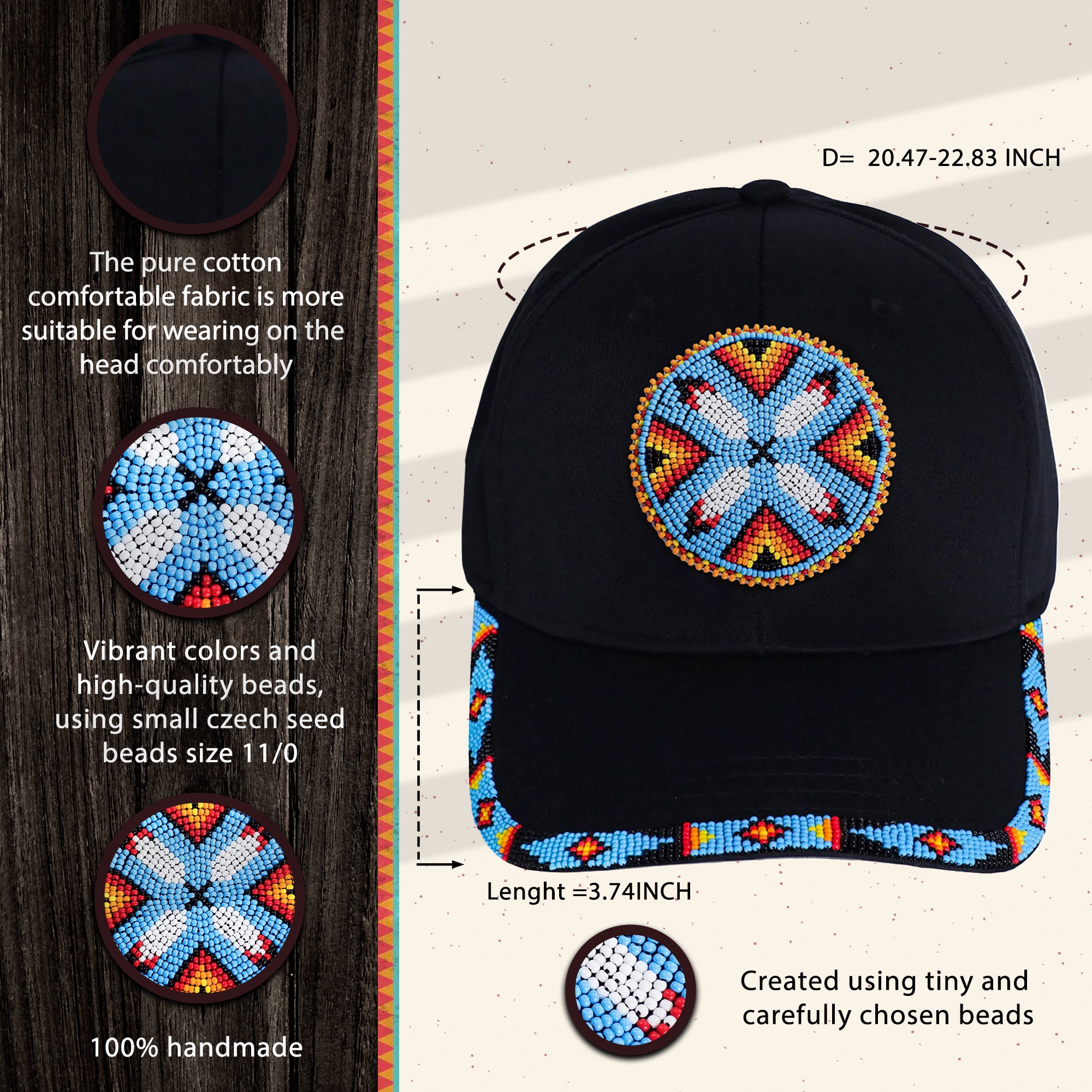 SALE 50% OFF - Cotton Unisex Baseball Cap With Beaded Patch Brim Native American Style